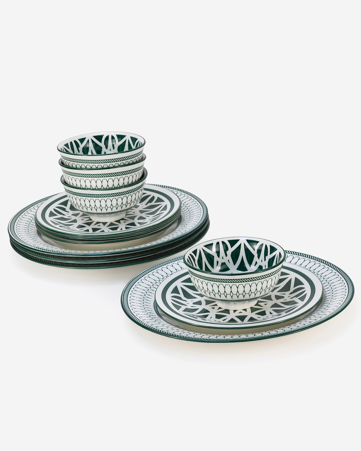 Shallow Amalfi Porcelain 12-Piece Dinner Set, Green, 4 Dinner Plates 10.5", 4 Side Plates 7.5" & 4 Small Bowls 4.5"