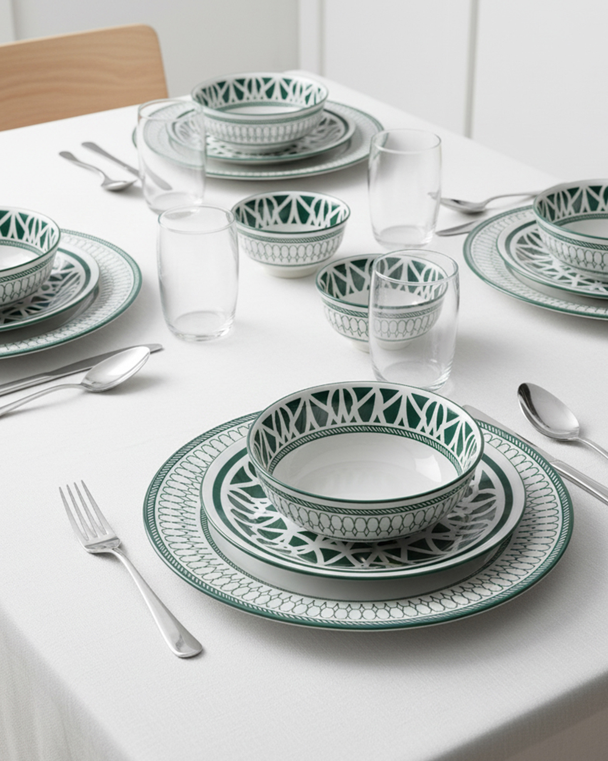 Shallow Amalfi Porcelain 12-Piece Dinner Set, Green, 4 Dinner Plates 10.5", 4 Side Plates 7.5" & 4 Small Bowls 4.5"