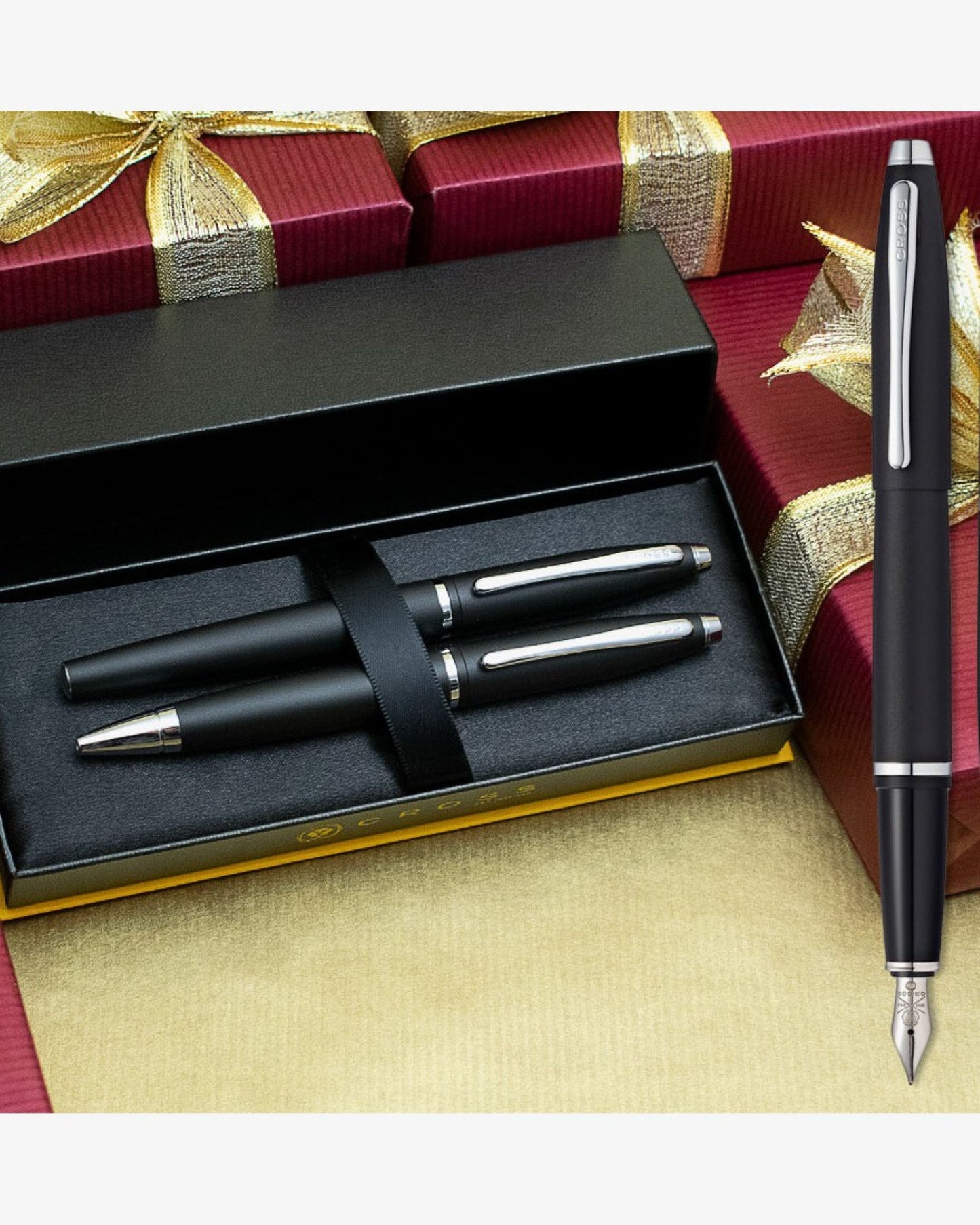 طقم أقلام حبر جاف ونافورة Cross Calais™ Matte Black Chrome Appointments