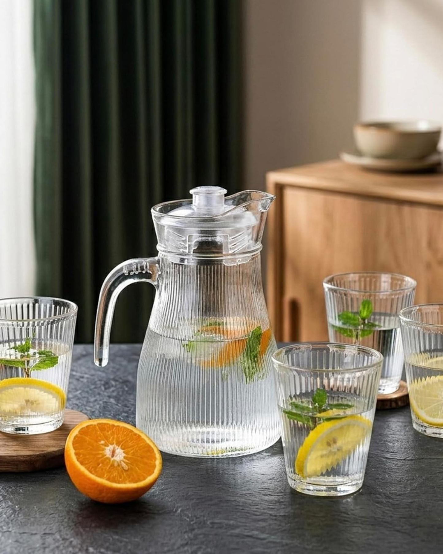 Cuisine Art Ribbed Glass 1.2 L Water Jug & Tumbler Set