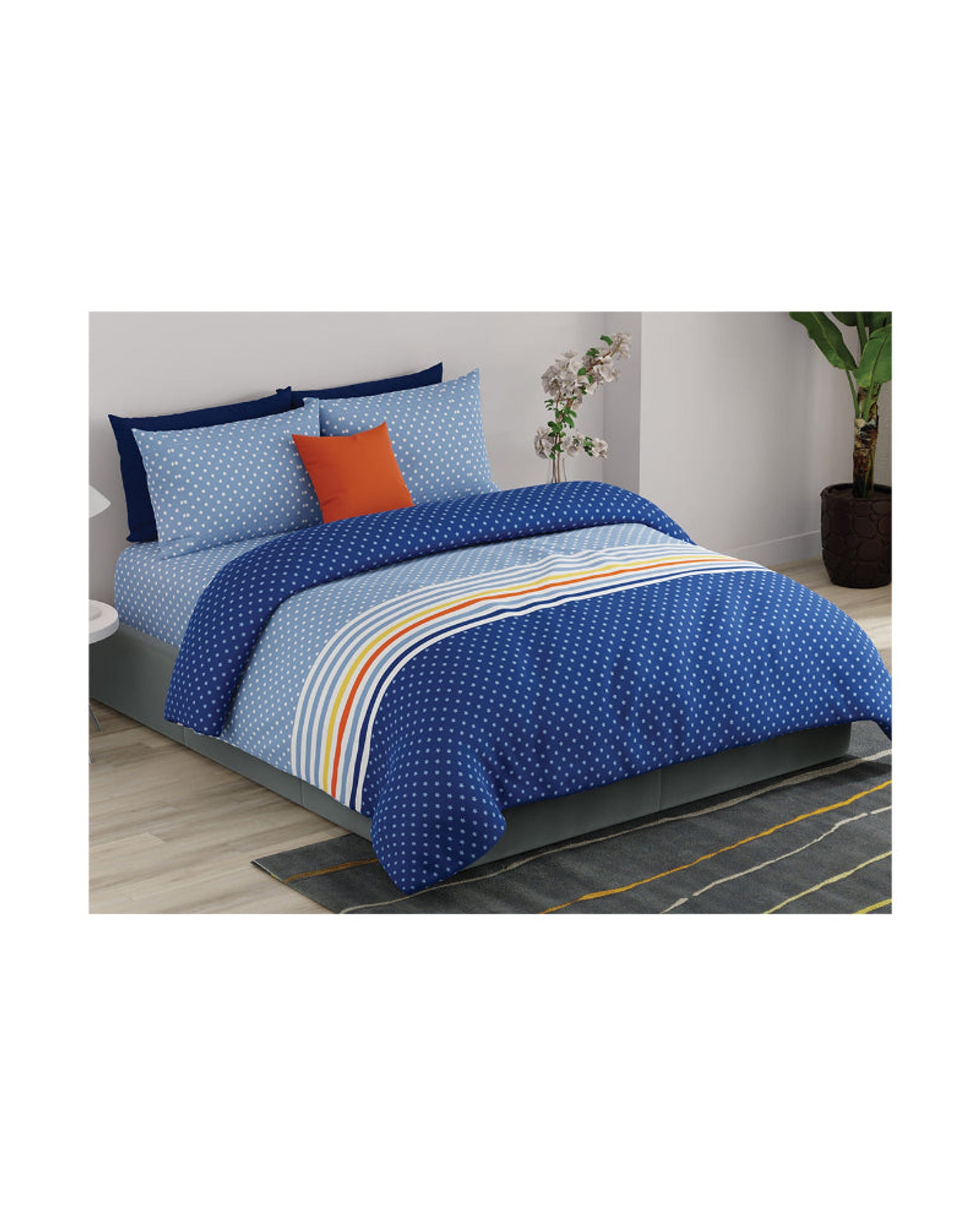 ملاءة سرير سوبر كينج من يونايتد كولورز أوف بينيتون رينبو 210 تي سي مع غطاءي وسادة باللون الأزرق