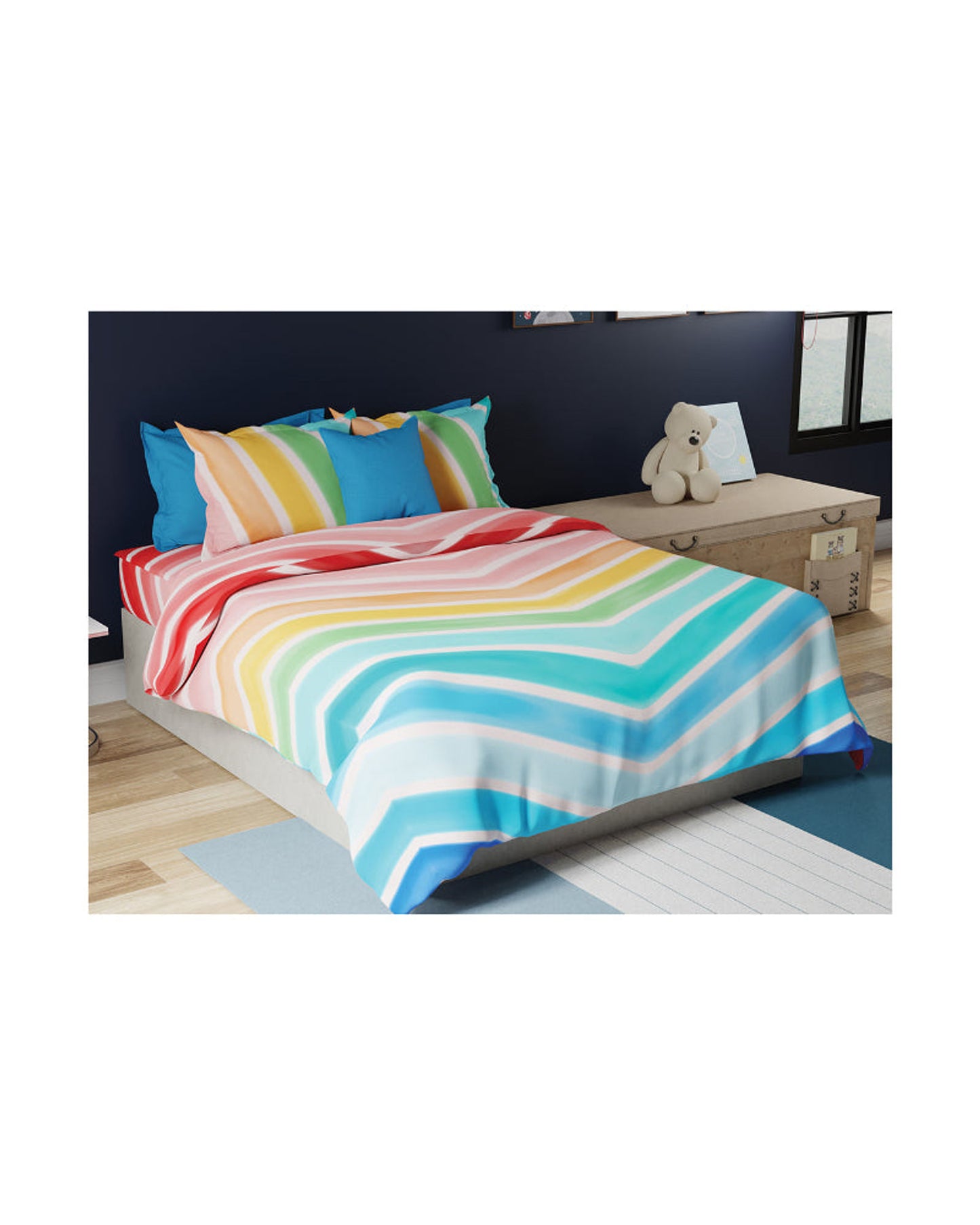 ملاءة سرير كينج 210 TC من United Colors of Benetton Kids مع غطاءي وسادة بألوان قوس قزح