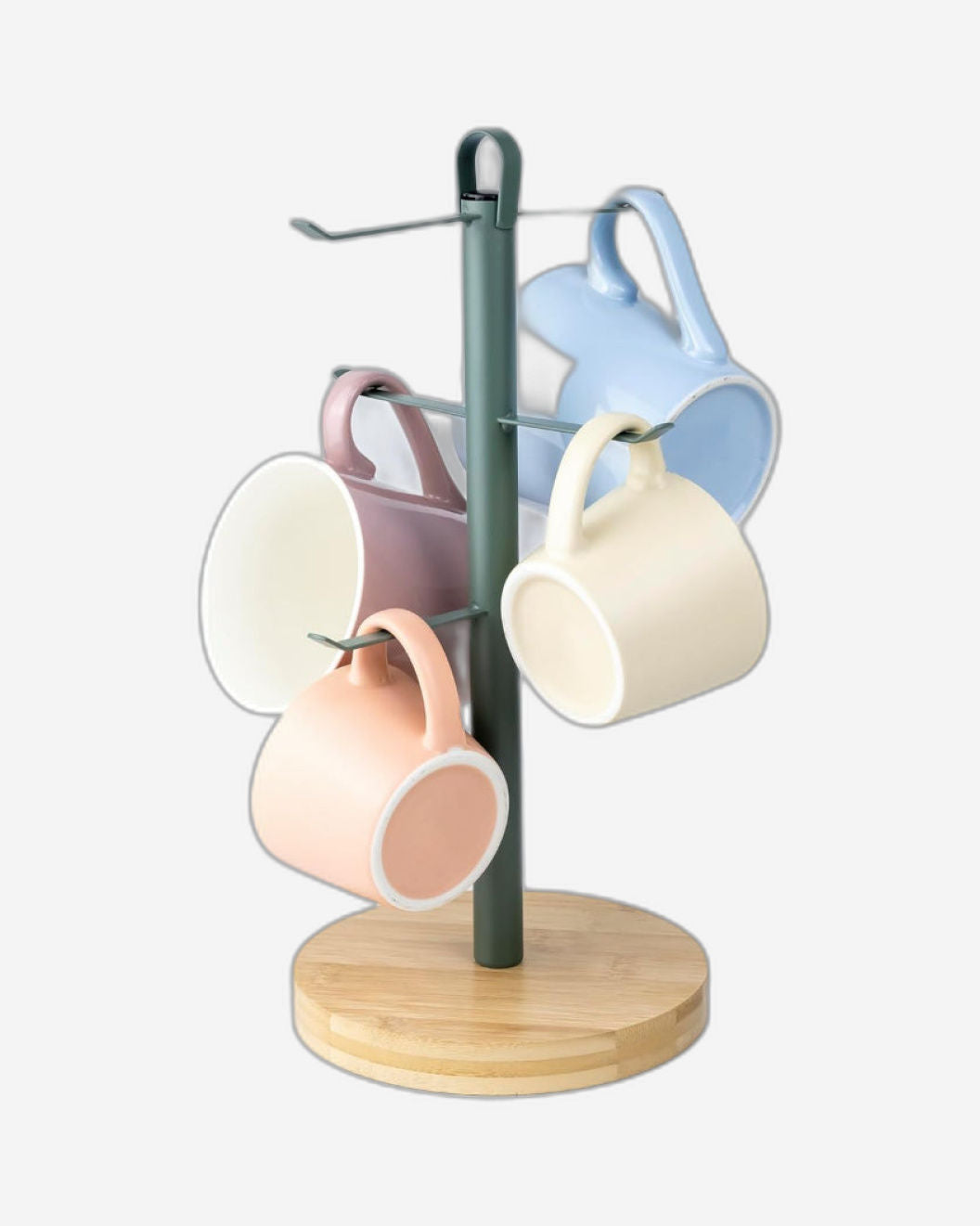 حامل أكواب شاي وقهوة إيرل من كويزين آرت مع قاعدة خشبية وحلقة تعليق معدنية، وشجرة أكواب على سطح الطاولة، وحامل مجفف أكواب قهوة بستة خطافات، وإكسسوارات منزلية للمطبخ والبار، لون أخضر (العمق 16 × الارتفاع 33 سم)