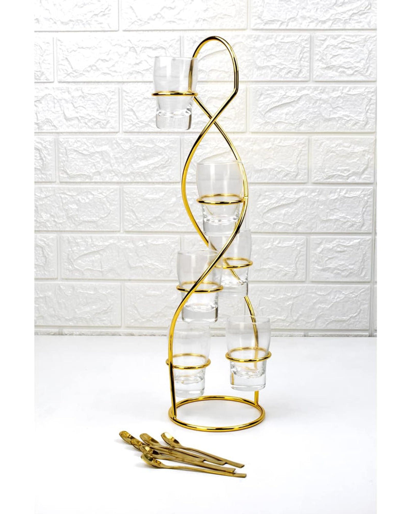 طقم حلويات زجاجي من كويزين آرت تاور، 6 قطع، مع حامل ذهبي، 80 مل، 6 أكواب و6 ملاعق ذهبية من الفولاذ المقاوم للصدأ
