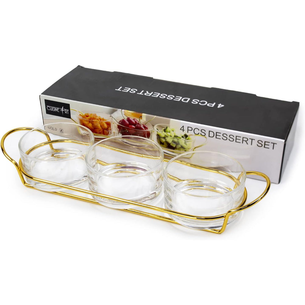 طقم حلوى زجاجي ذهبي من كويزين آرت مع حامل معدني أنيق - طقم حلوى للحفلات مكون من 4 قطع