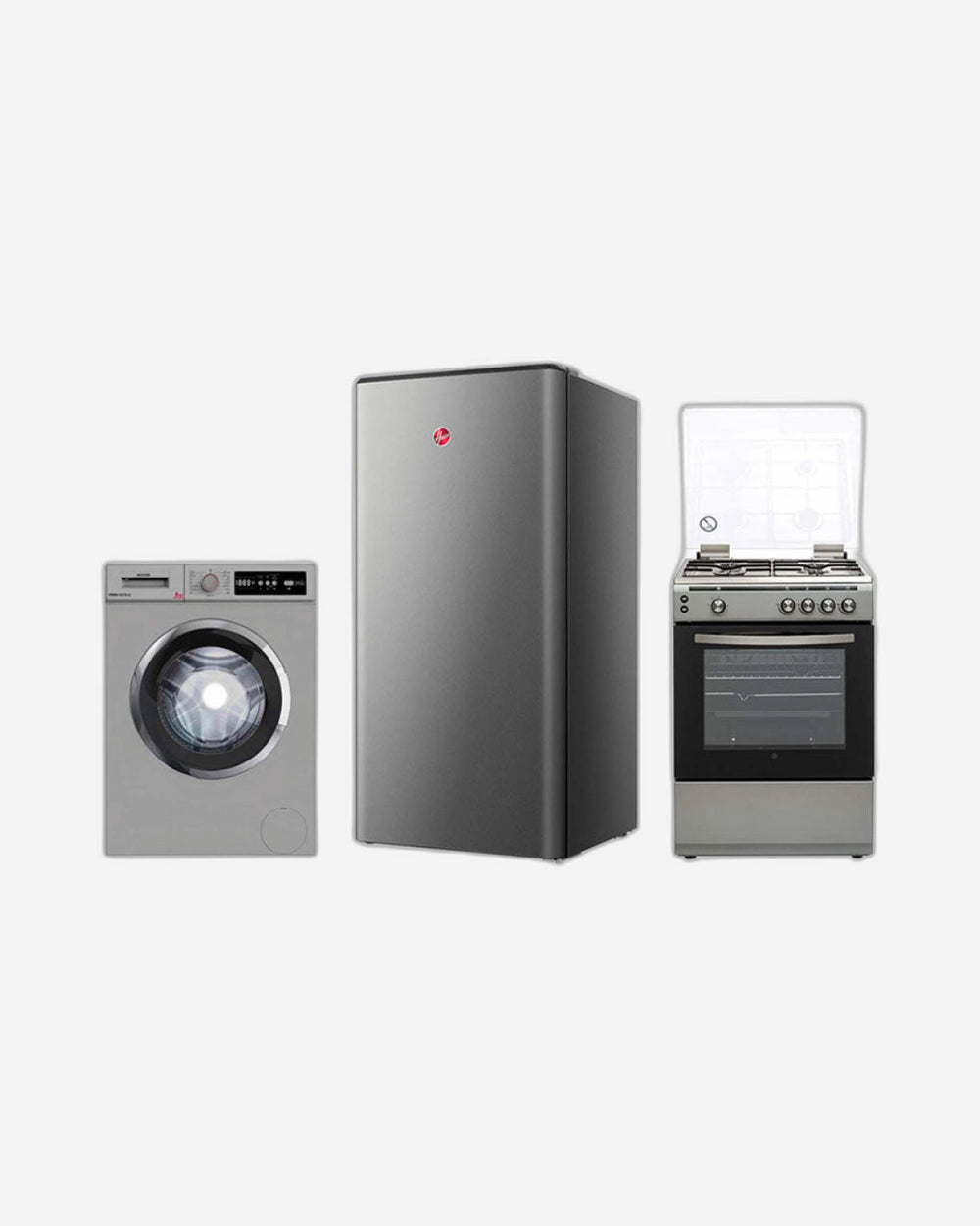Hoover Single Door Refrigerator 200L + Full Gas Cooker 60X60 + Washing Machine 6kg