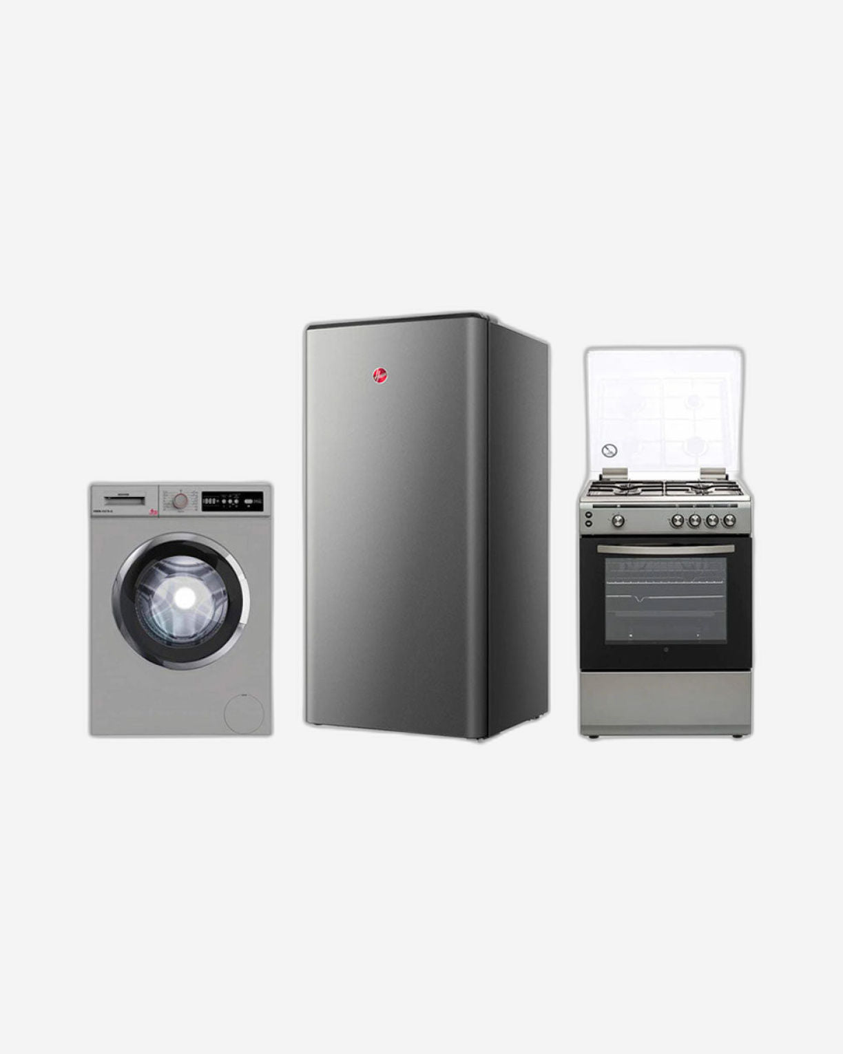 Hoover Single Door Refrigerator 200L + Full Gas Cooker 60X60 + Washing Machine 6kg