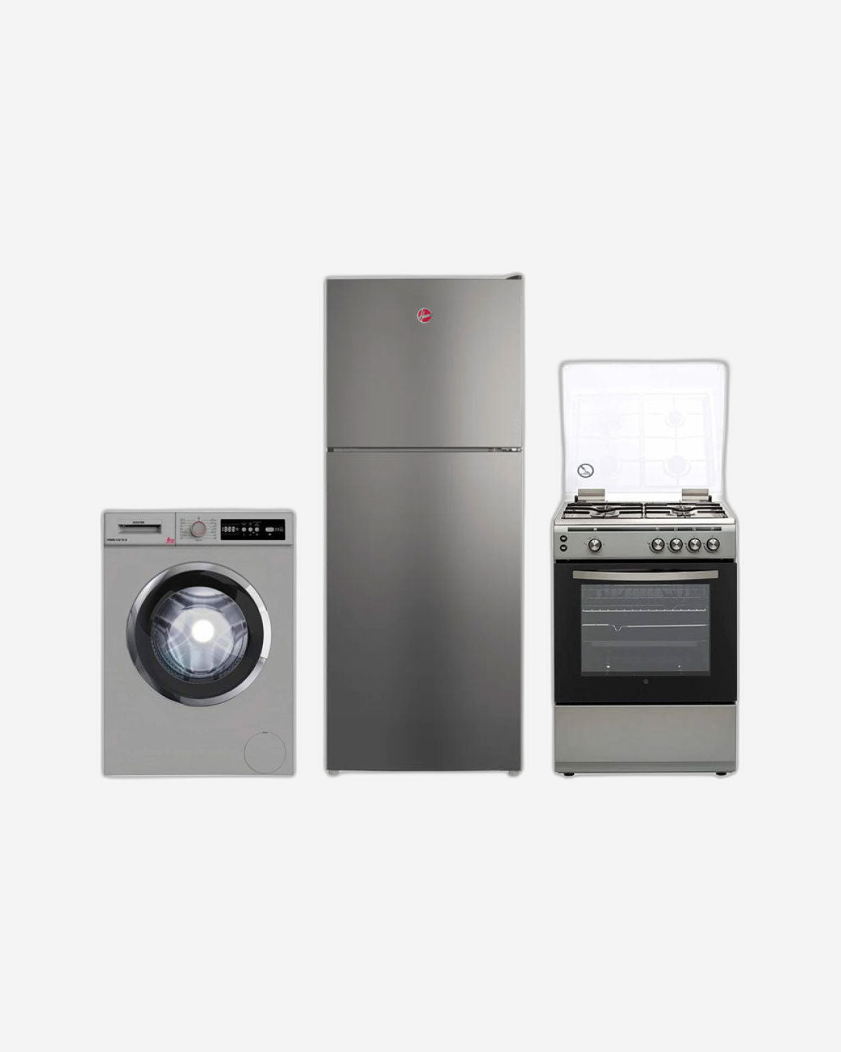 ثلاجة هوفر ذات باب علوي سعة ٢٦٠ لترًا + موقد غاز ٦٠×٦٠ سم + غسالة ملابس سعة ٦ كجم