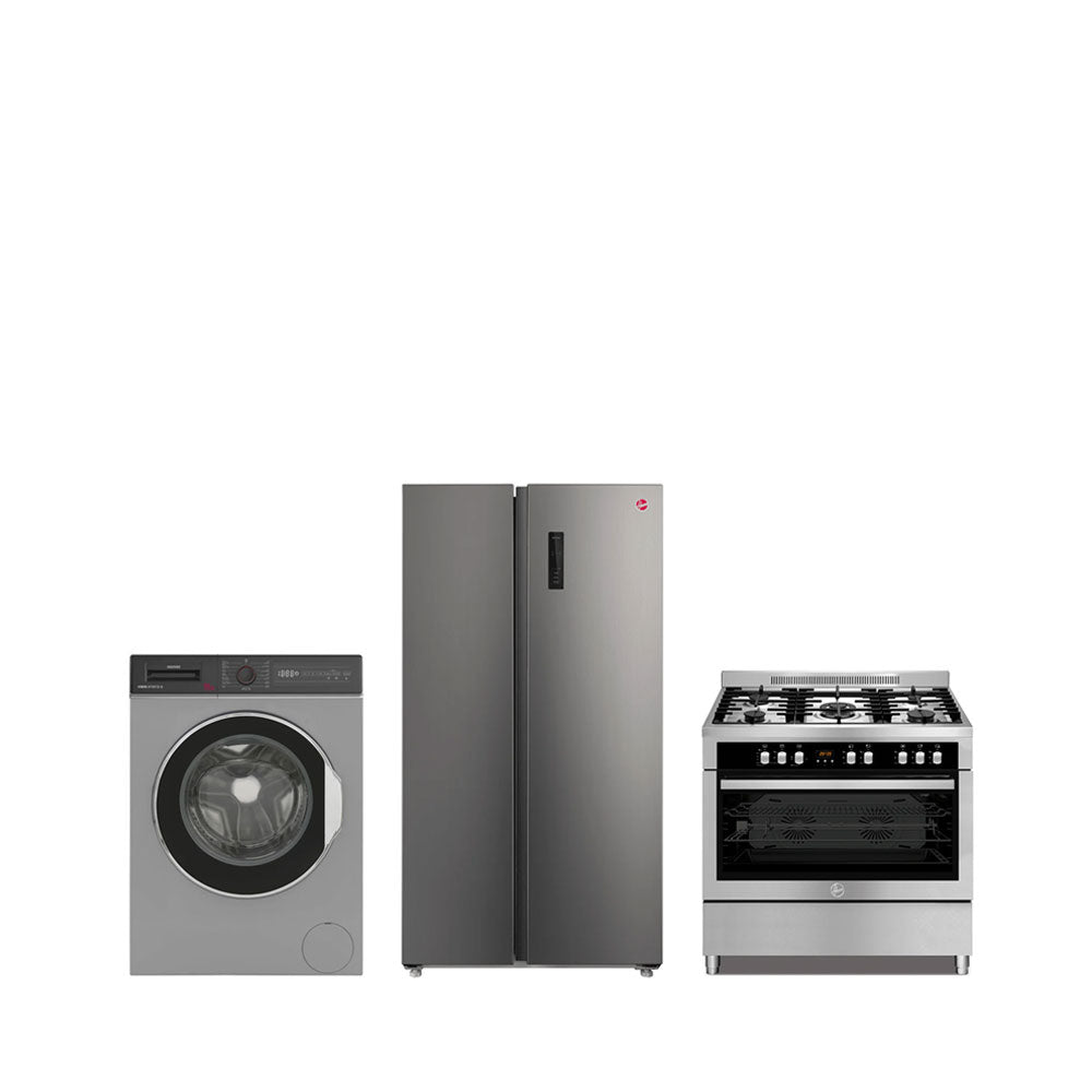 ثلاجة هوفر 682 لتر ذات بابين متجاورين + موقد غاز 90×60 + غسالة ملابس 10 كجم