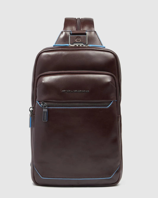 BLUE SQUARE CONVERTIBLE TO BACKPACK SLING BAG IN LEATHER WITH RFID PROTECTION MOHOGANY