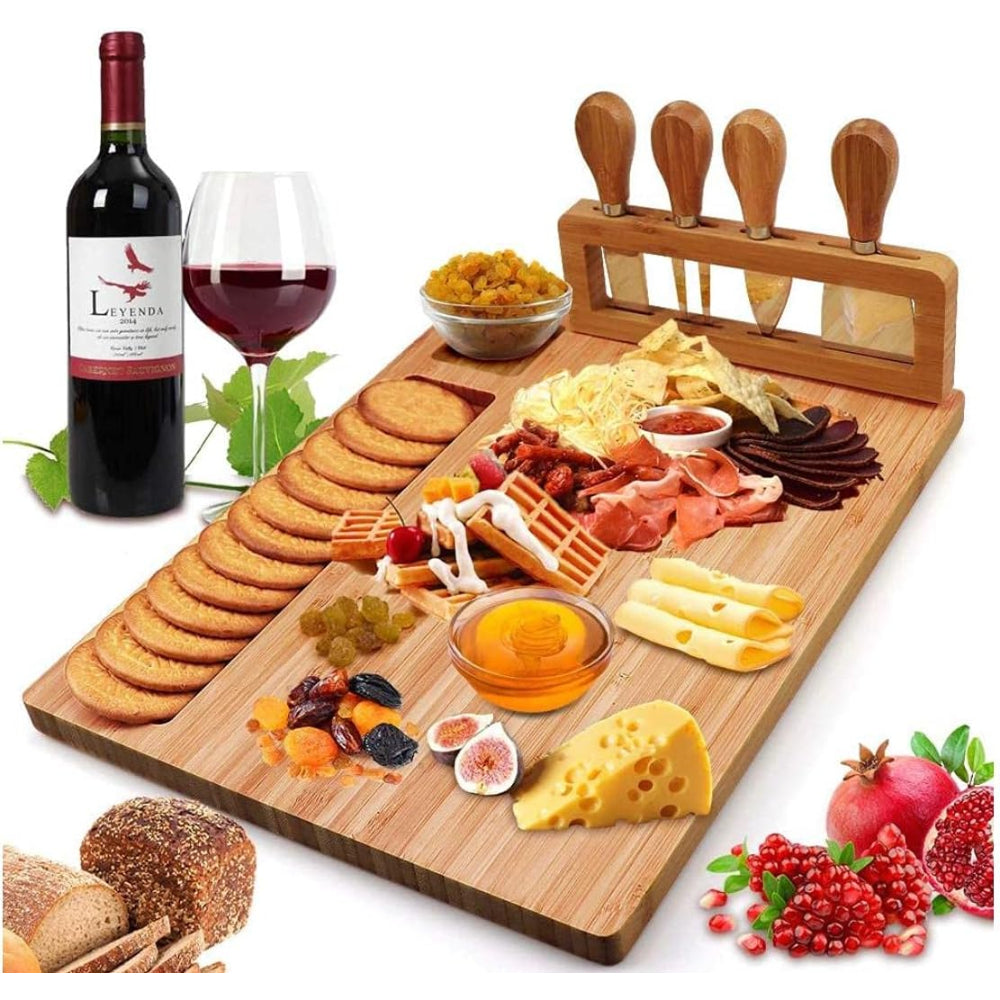 Cuisine Art Organic Bamboo Cheese Cutting Board & Knife Gift Set Wooden Serving Tray For Charcuterie Meat Platter, Fruit & Crackers With 4 Cheese Knives