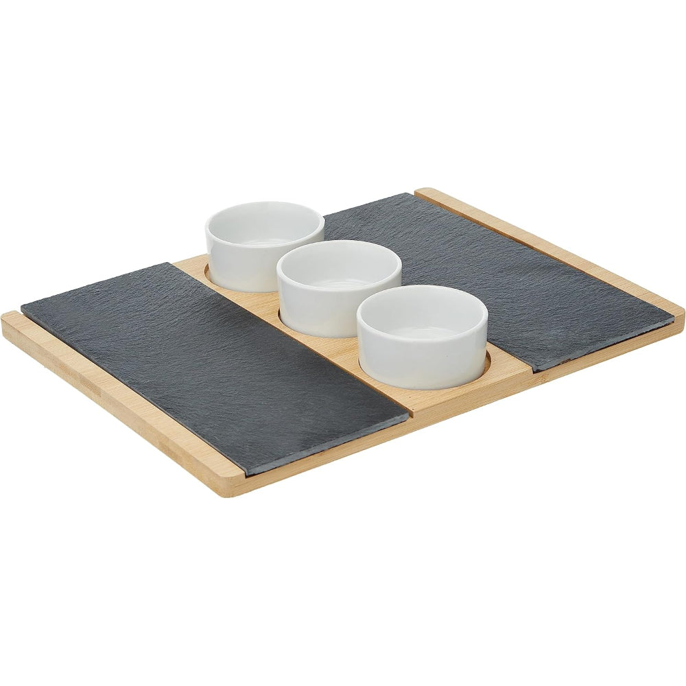 Cuisine Art Bamboo and Slate Serving Plate & 3 white Ceramic Bowls