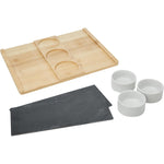 طبق تقديم من الخيزران والأردواز و3 أوعية سيراميك بيضاء من فنون المطبخ