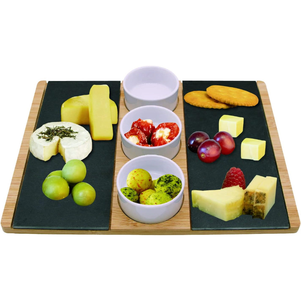 طبق تقديم من الخيزران والأردواز و3 أوعية سيراميك بيضاء من فنون المطبخ