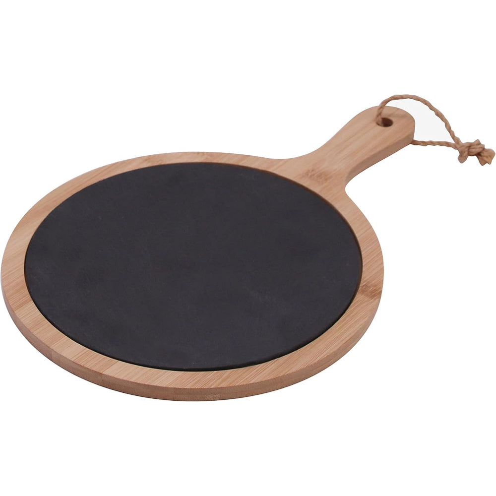 Cuisine Art Bamboo Slate Round Serving Tray With Handle, Gourmet Board Natural Edge For Cheese, Appetizer, Baked Goodies, Dry Fruits