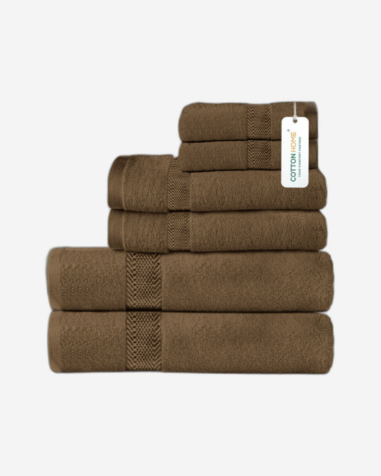 طقم مناشف قطنية فاخرة من كوتون هوم، مكون من 6 قطع: منشفتان للوجه (30×30 سم)، منشفتان لليدين (40×70 سم)، منشفتان للاستحمام (70×140 سم). وزن 600 غرام/متر مربع، سريع الجفاف ومتين.