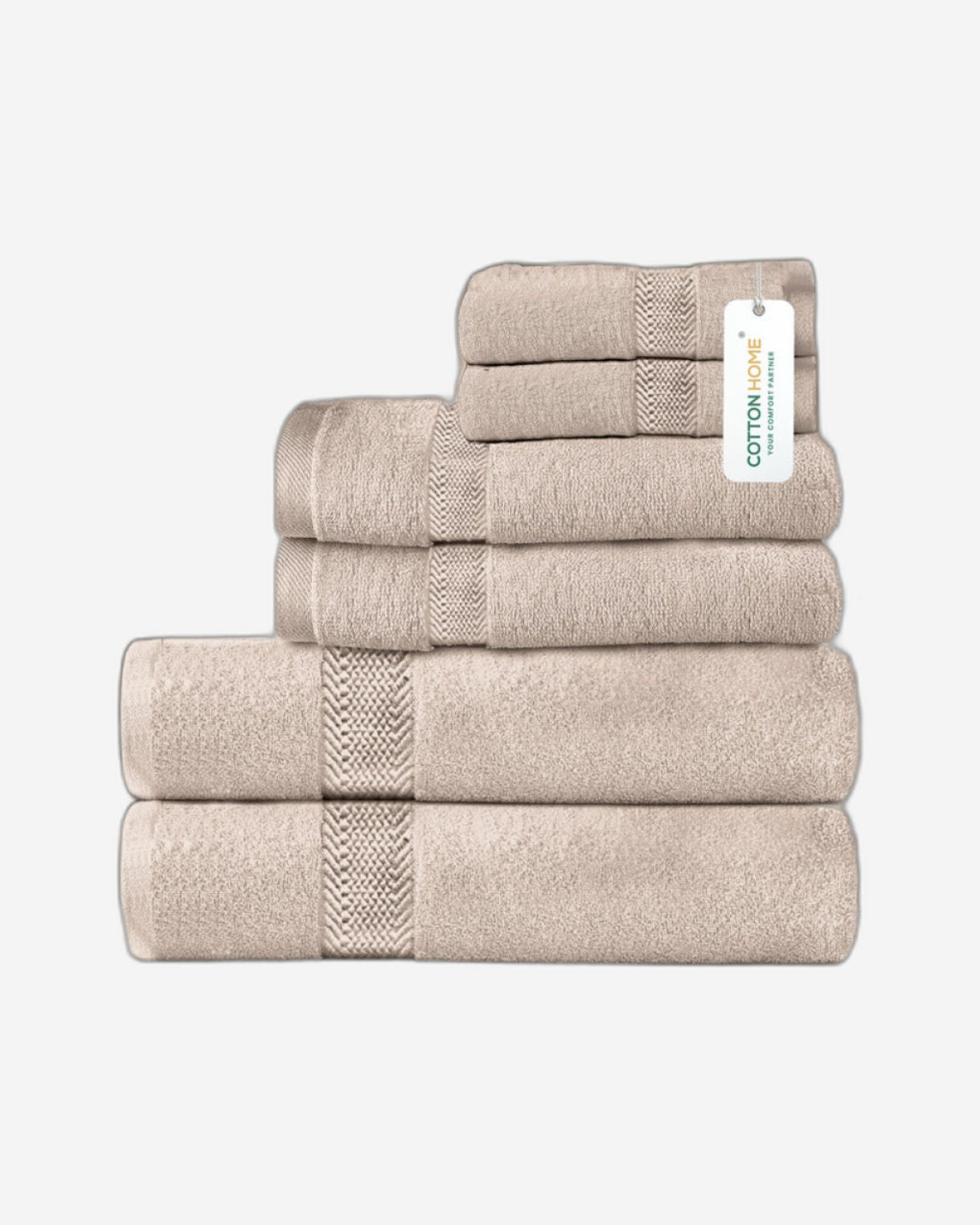 طقم مناشف قطنية فاخرة من كوتون هوم، مكون من 6 قطع: منشفتان للوجه (30×30 سم)، منشفتان لليدين (40×70 سم)، منشفتان للاستحمام (70×140 سم). وزن 600 غرام/متر مربع، سريع الجفاف ومتين.