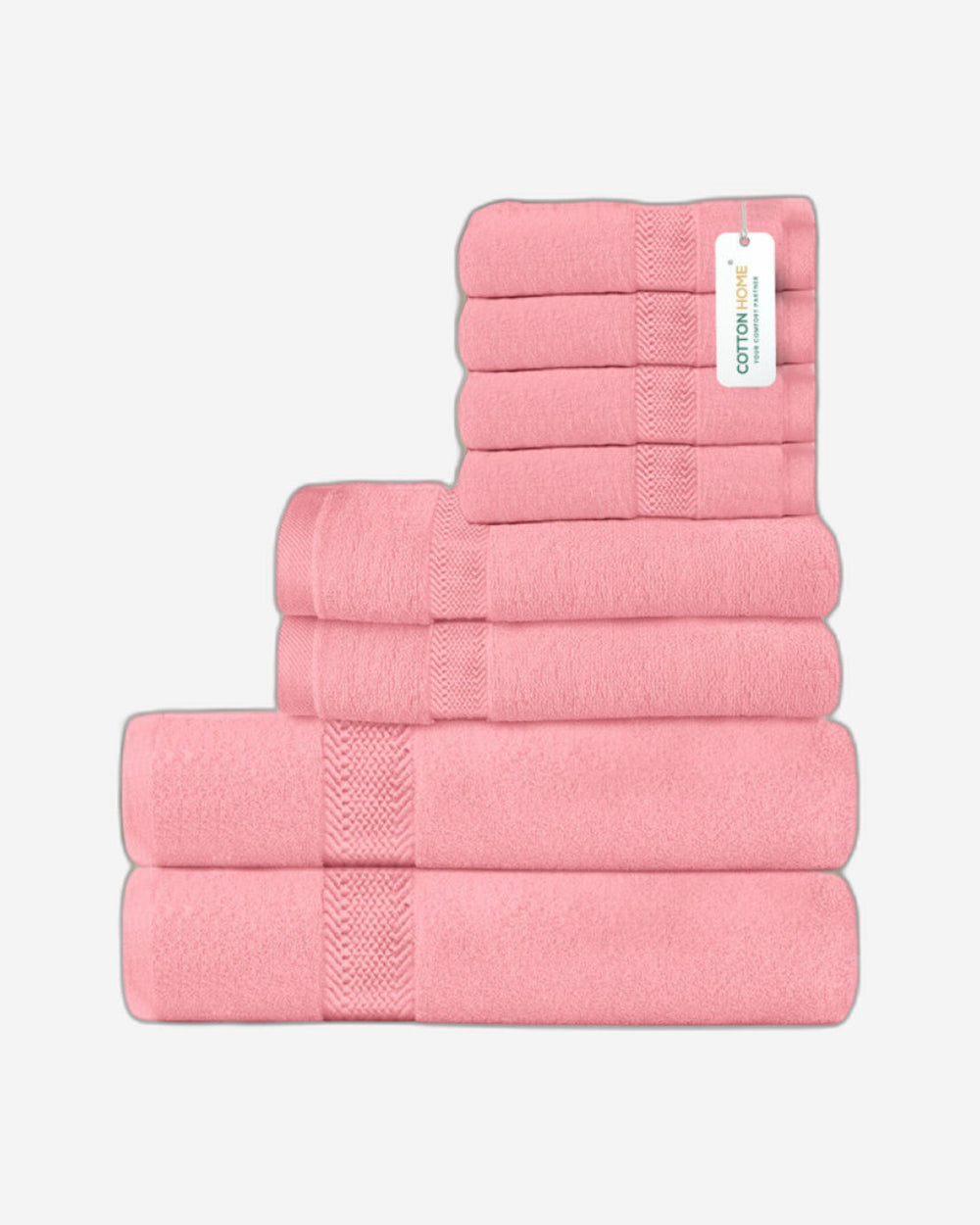 طقم مناشف قطنية فاخرة من كوتون هوم، مكون من 8 قطع: 4 مناشف للوجه (30×30 سم)، منشفتان لليدين (40×70 سم)، منشفتان للاستحمام (70×140 سم)، وزن 600 غرام/متر مربع، سريع الجفاف ومتين.