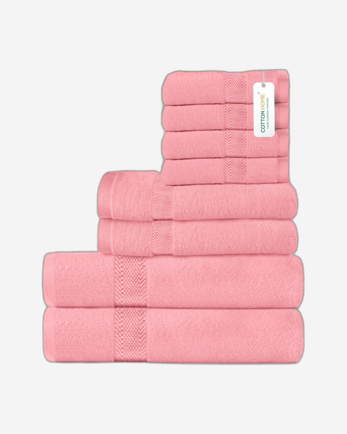 طقم مناشف قطنية فاخرة من كوتون هوم، مكون من 8 قطع: 4 مناشف للوجه (30×30 سم)، منشفتان لليدين (40×70 سم)، منشفتان للاستحمام (70×140 سم)، وزن 600 غرام/متر مربع، سريع الجفاف ومتين.