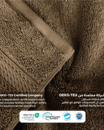 طقم مناشف قطنية فاخرة من كوتون هوم، مكون من 8 قطع: 4 مناشف للوجه (30×30 سم)، منشفتان لليدين (40×70 سم)، منشفتان للاستحمام (70×140 سم)، وزن 600 غرام/متر مربع، سريع الجفاف ومتين.