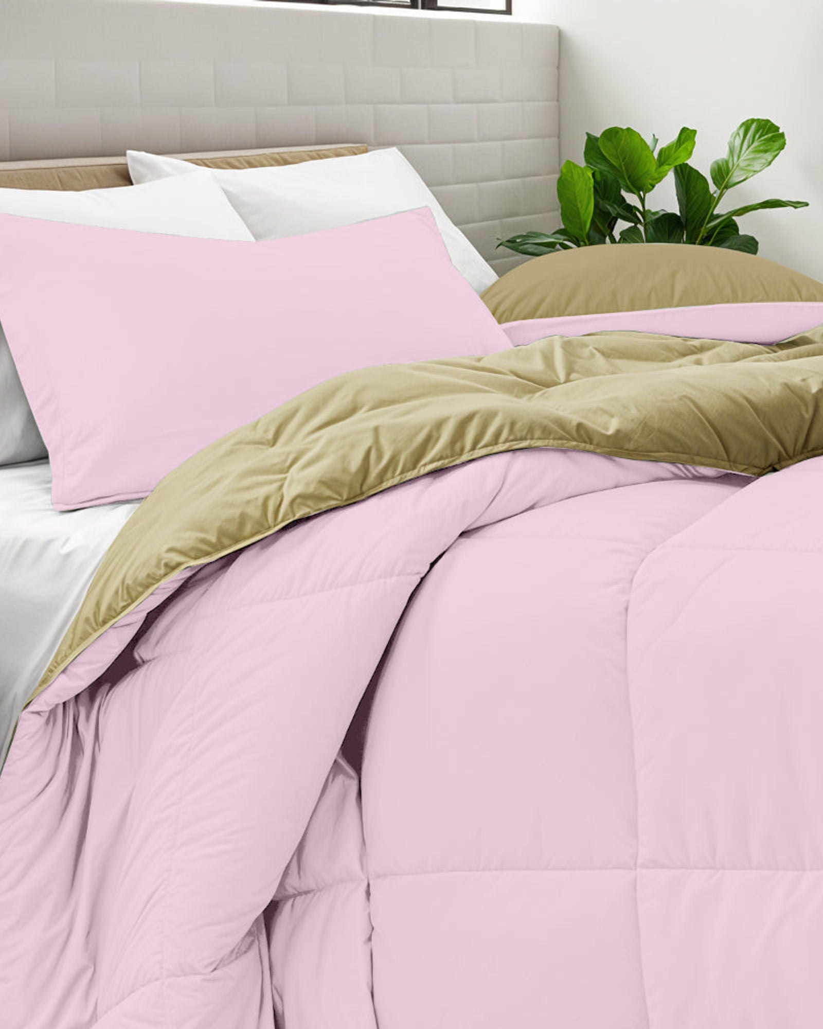 طقم لحاف قطني للكبار مكون من 3 قطع قابل للعكس باللون الوردي