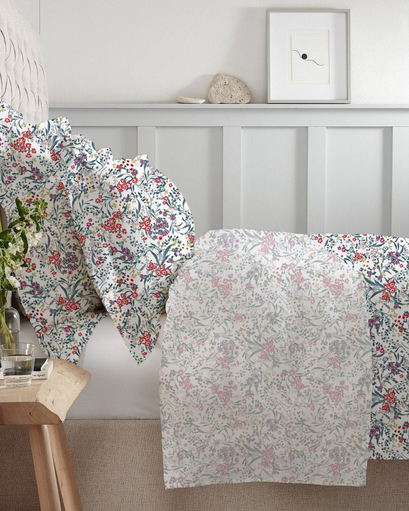 طقم لحاف برستين مطبوع من 3 قطع من القطن الساتان 225T من Cotton Home، مزهر باللون الأحمر، مكون من 3 قطع