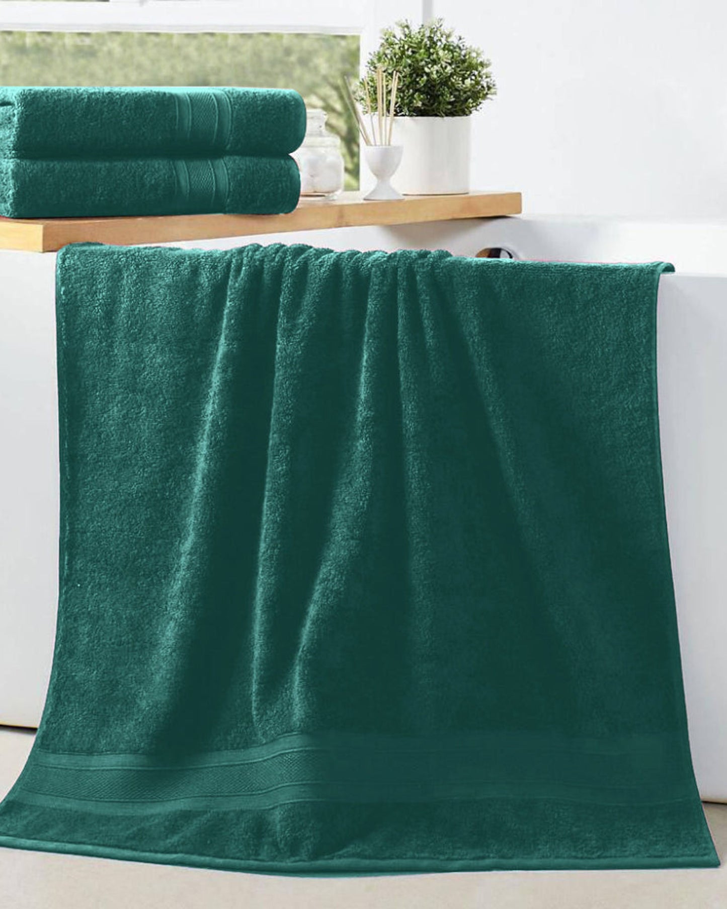 طقم مناشف حمام قطنية منزلية مكون من قطعتين، لون نعناعي داكن