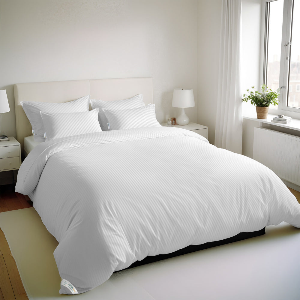 طقم غطاء لحاف مخطط من القطن المنزلي مكون من 6 قطع باللون الأبيض