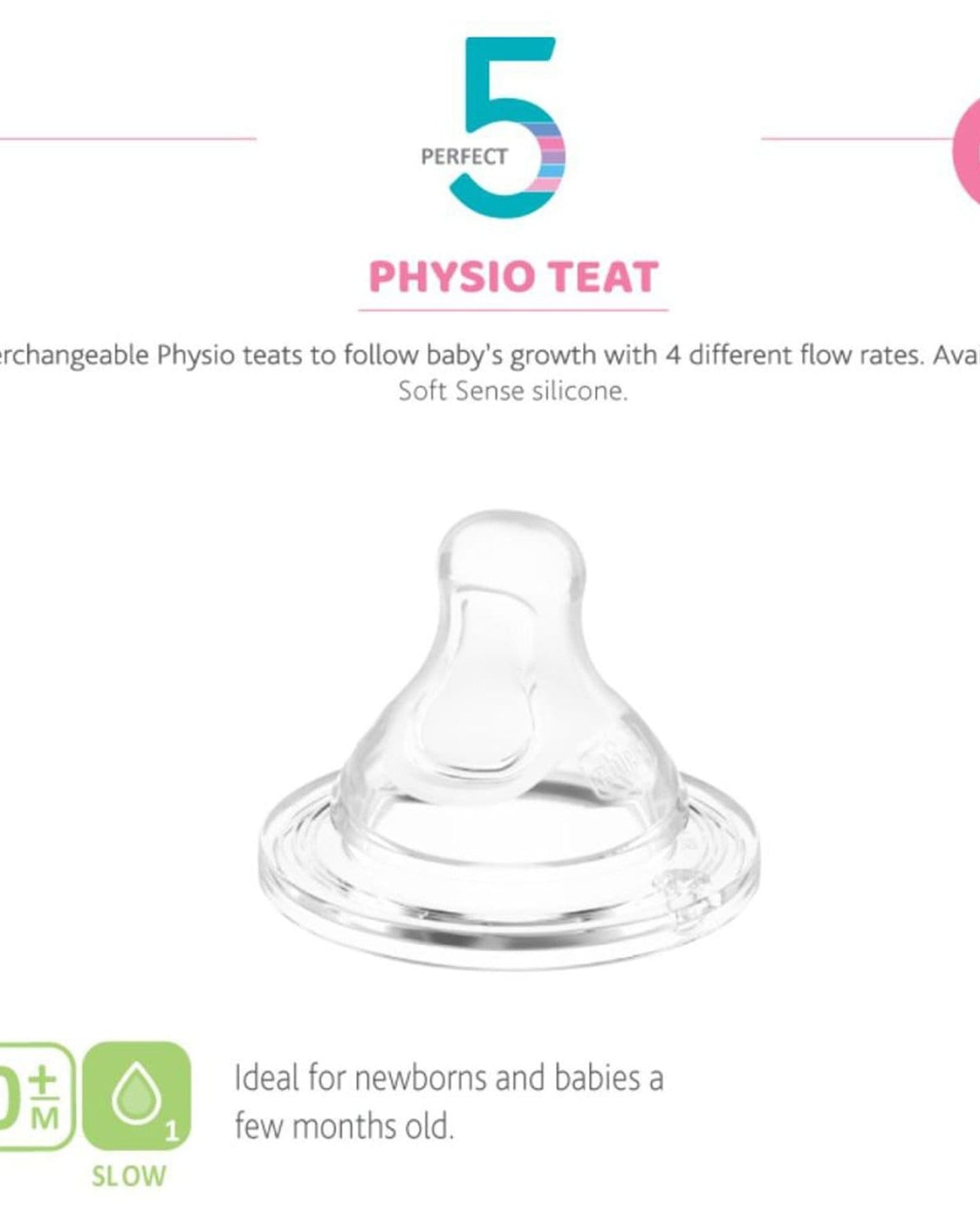 حلمة رضاعة بيرفكت 5 فيزيو من تشيكو، من عمر 0 أشهر فما فوق، تدفق بطيء، قطعتان من السيليكون