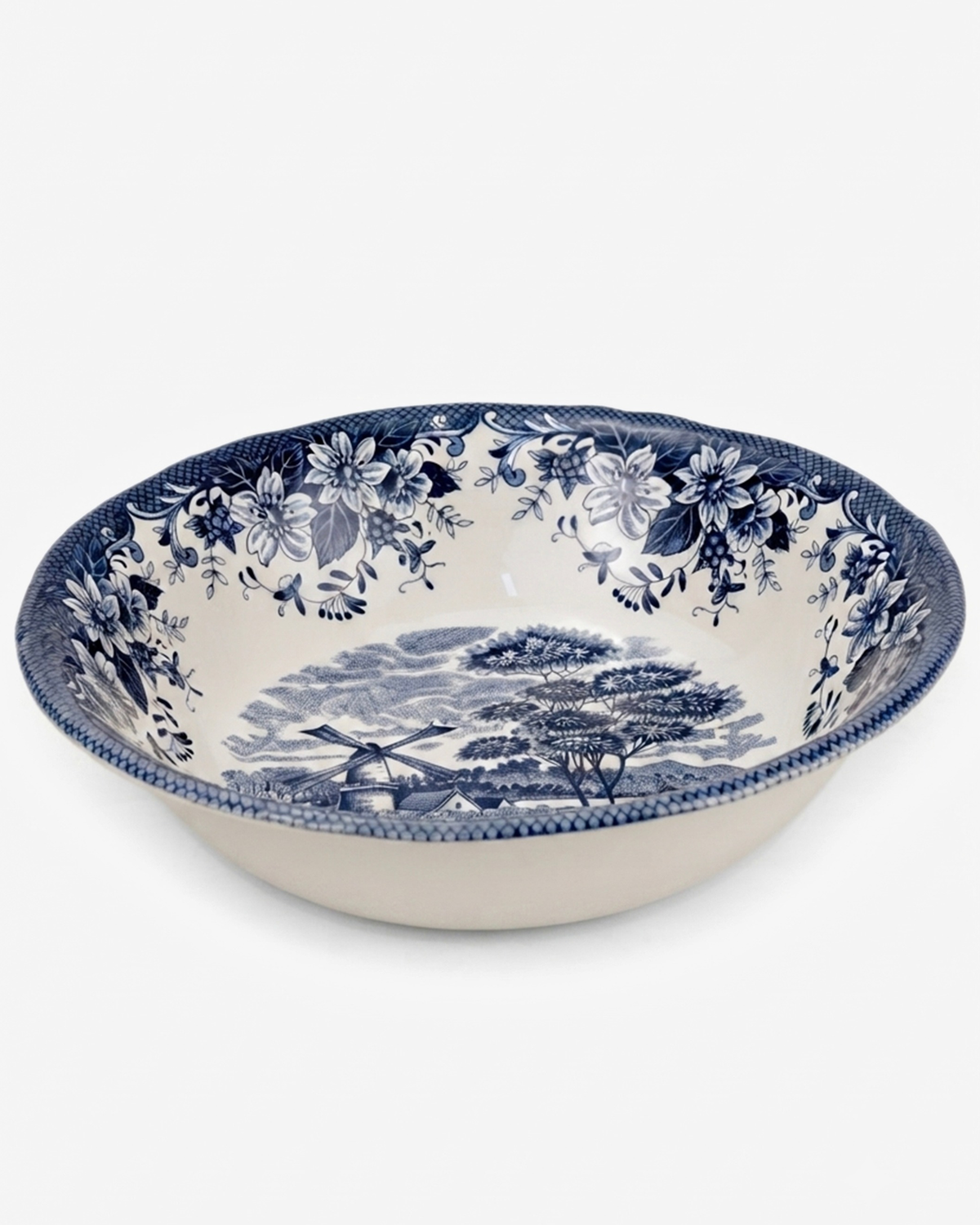 Claytan Classic Blue Windmill & Floral Pattern Earthenware Salad Bowl, 9.3 Inch, White