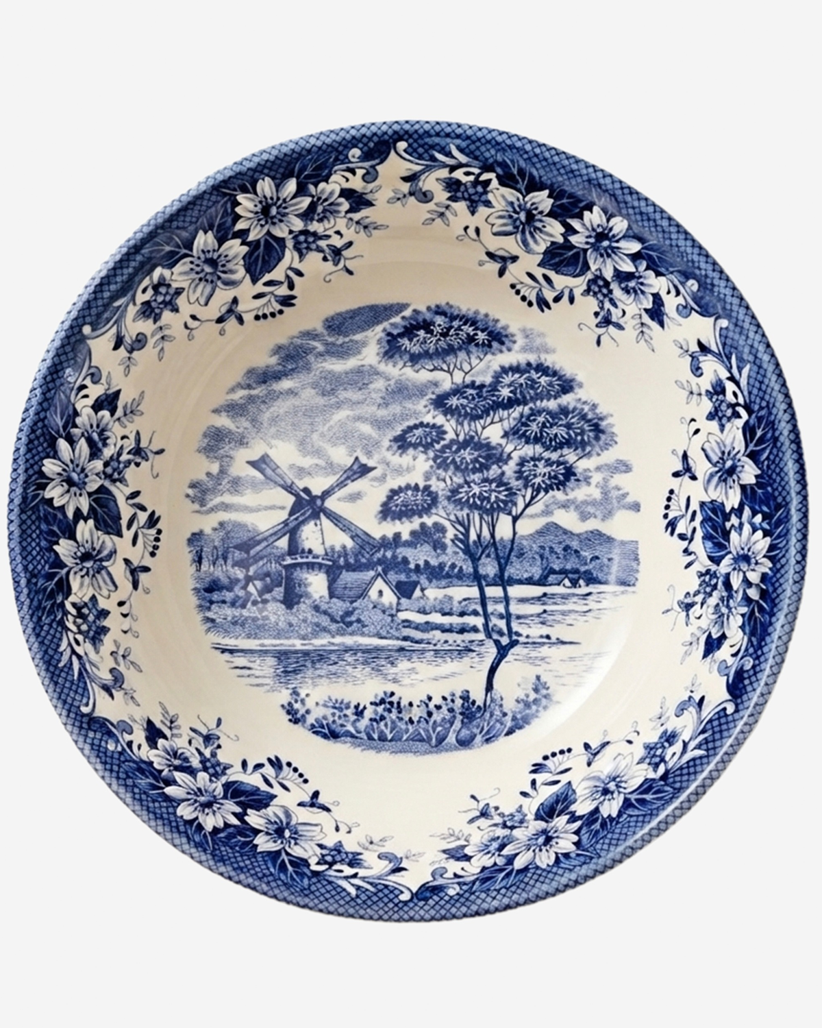 Claytan Classic Blue Windmill & Floral Pattern Earthenware Salad Bowl, 9.3 Inch, White