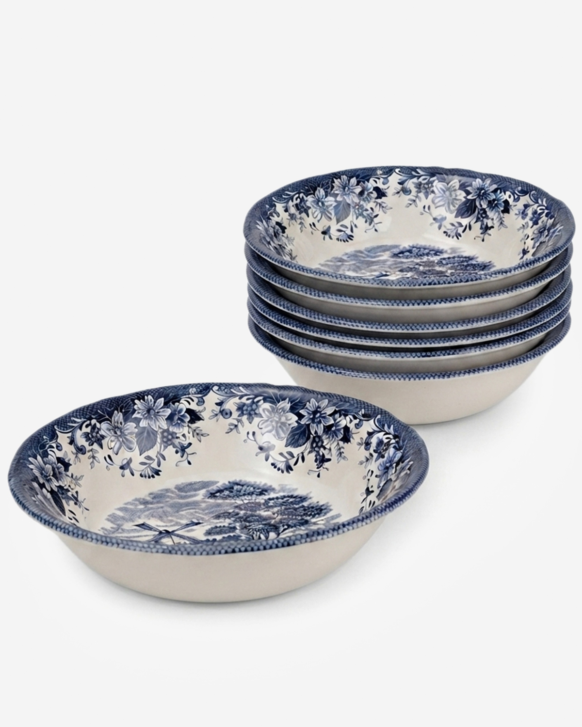 Claytan Classic Blue Windmill & Floral Pattern Earthenware Salad Bowl, 9.3 Inch, White, Set of 6