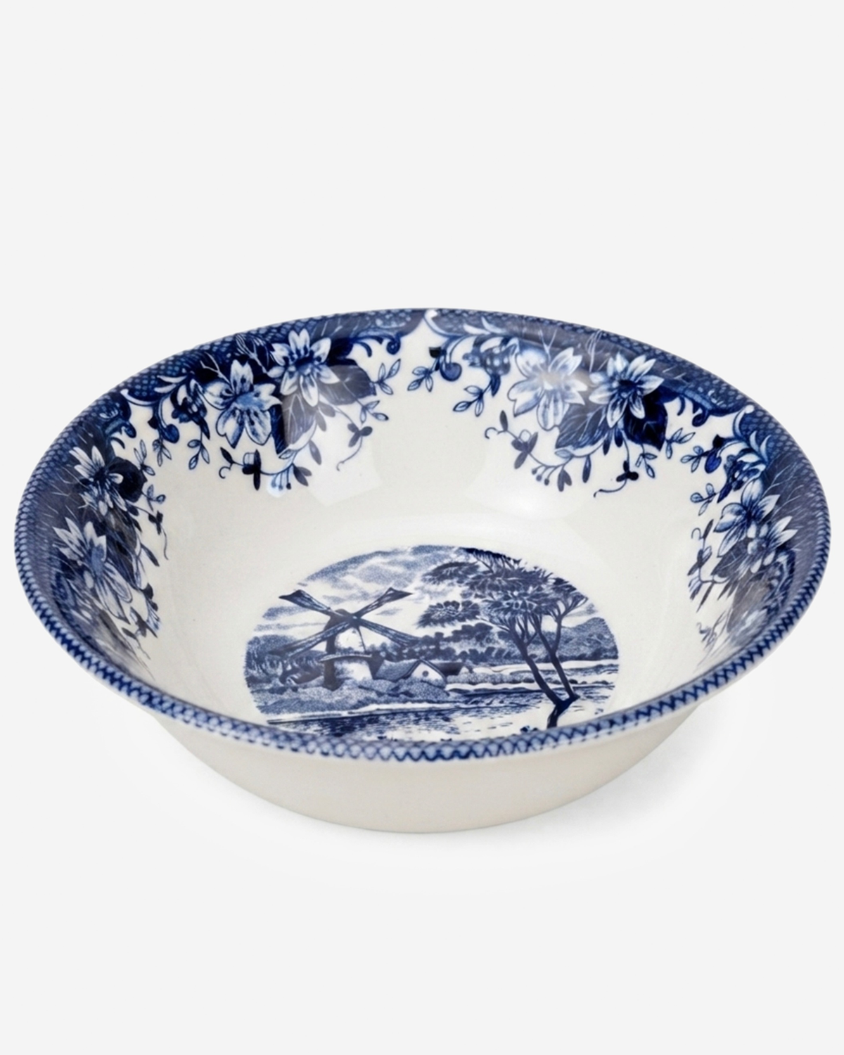 Claytan Classic Blue Windmill & Floral Pattern Earthenware Cereal Bowl, 6.2 Inch, White
