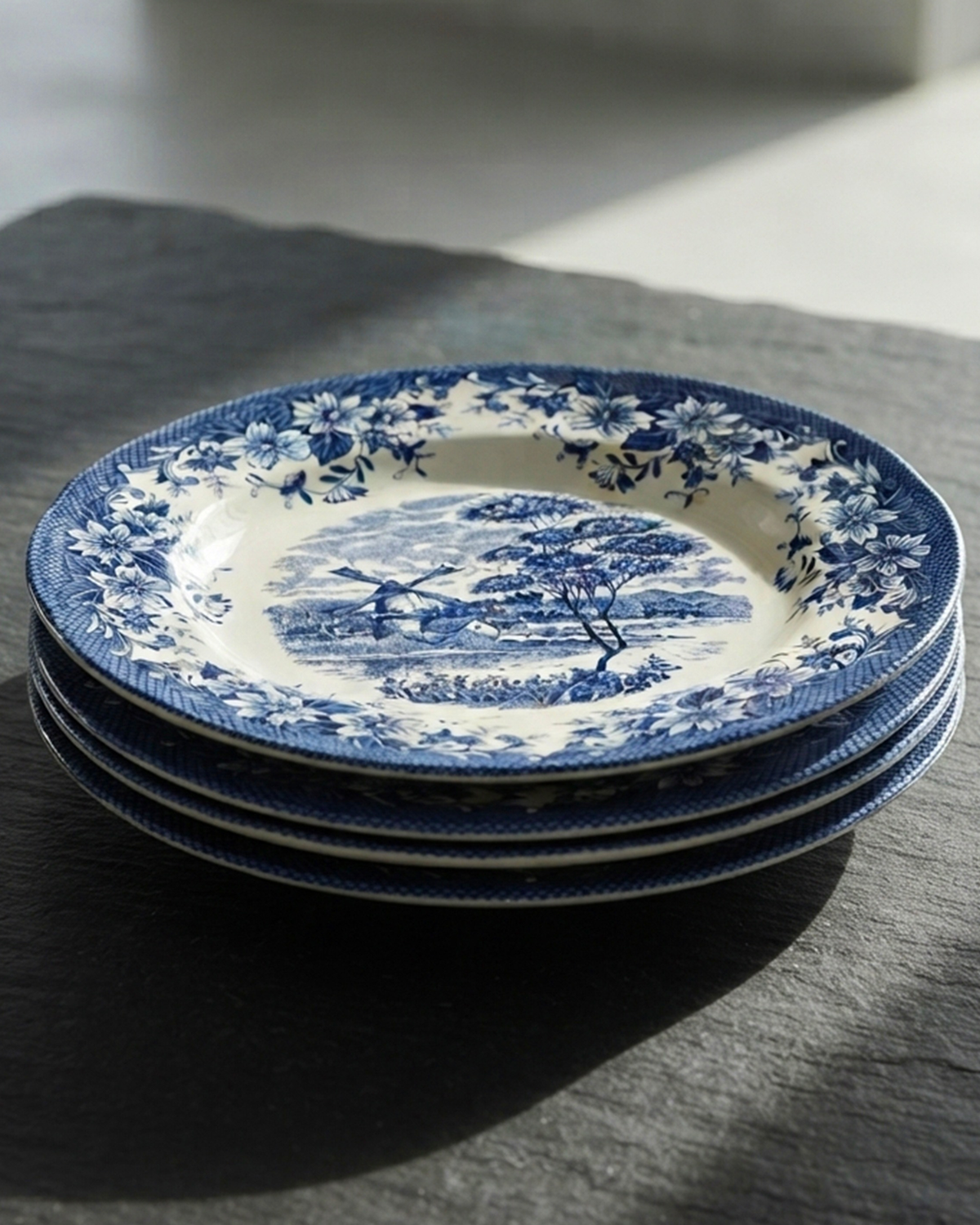 Claytan Classic Blue Windmill & Floral Pattern Earthenware Chop Plate, 12.1 Inch, White