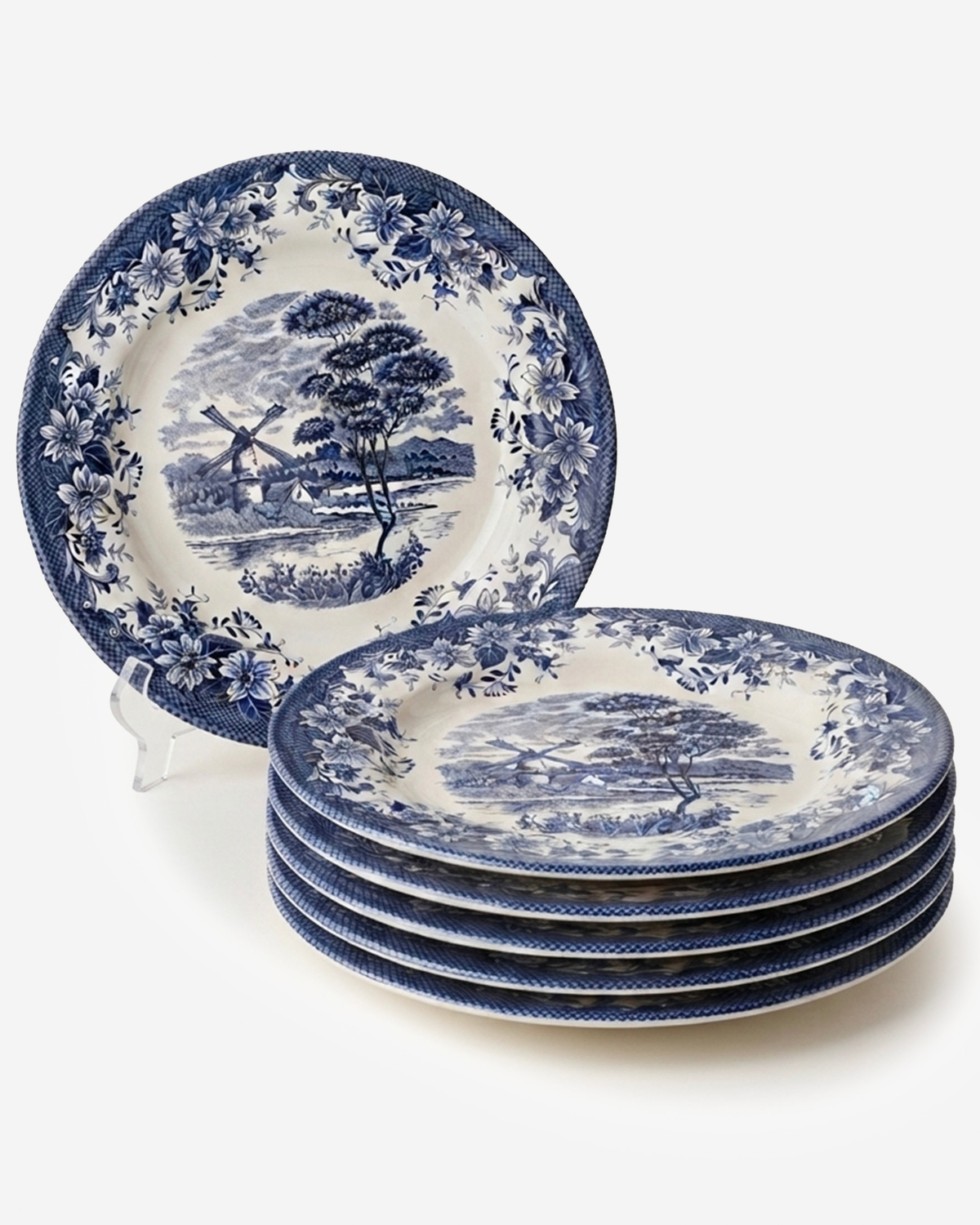 Claytan Classic Blue Windmill & Floral Pattern Earthenware Chop Plate, 12.1 Inch, White, Set of 6