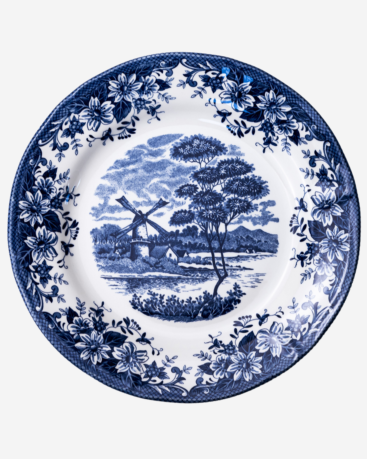 Claytan Classic Blue Windmill & Floral Pattern Earthenware Dinner Plate, 10.2 Inch, White