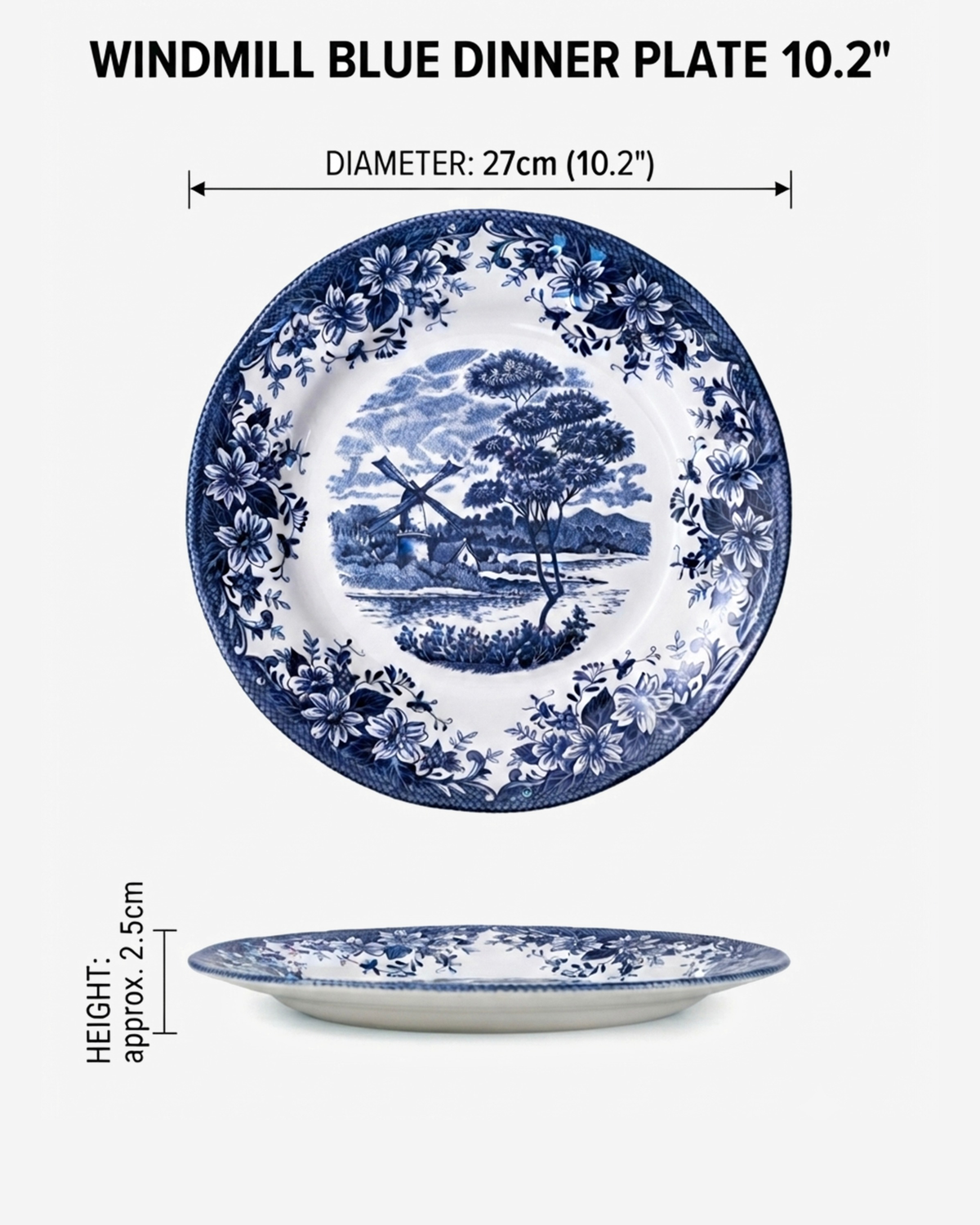 Claytan Classic Blue Windmill & Floral Pattern Earthenware Dinner Plate, 10.2 Inch, White