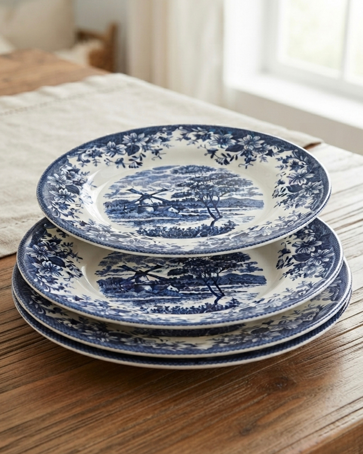 Claytan Classic Blue Windmill & Floral Pattern Earthenware Dinner Plate, 10.2 Inch, White