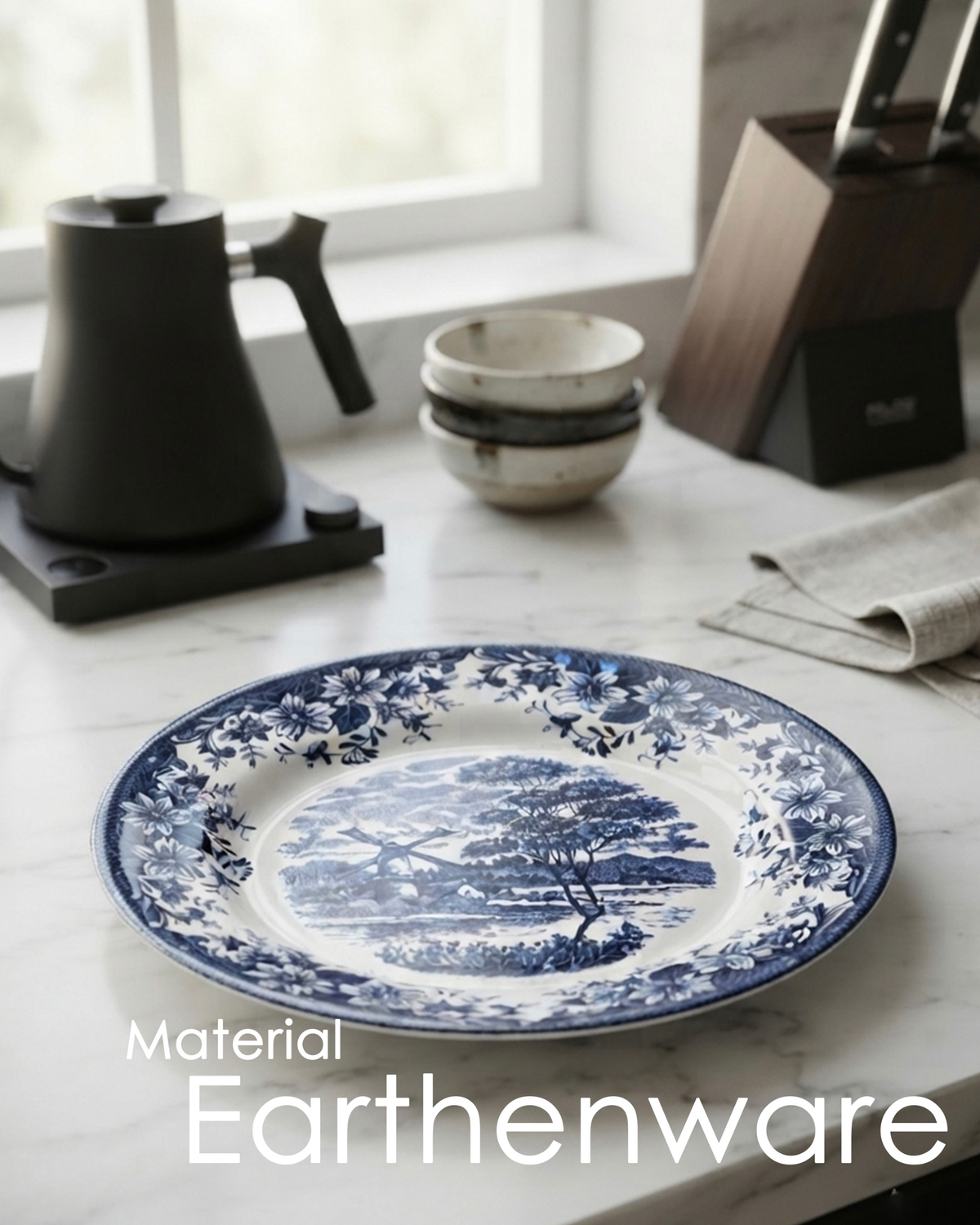 Claytan Classic Blue Windmill & Floral Pattern Earthenware Dinner Plate, 10.2 Inch, White