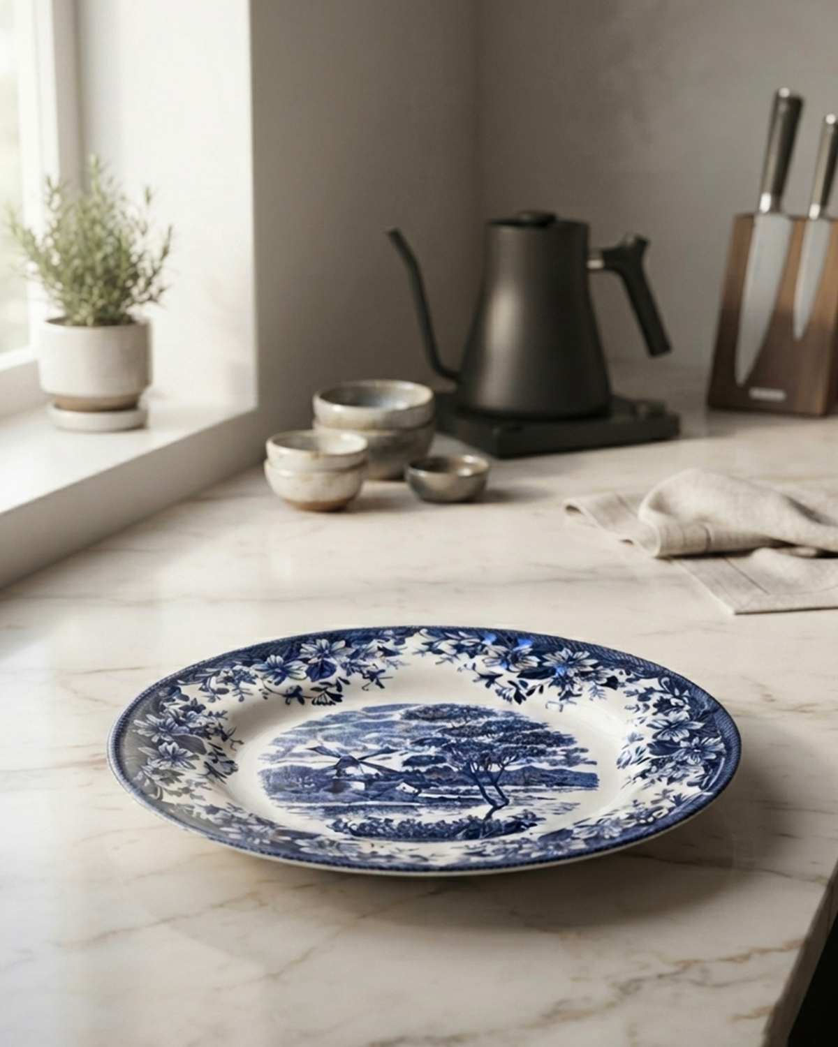 Claytan Classic Blue Windmill & Floral Pattern Earthenware Dinner Plate, 10.2 Inch, White