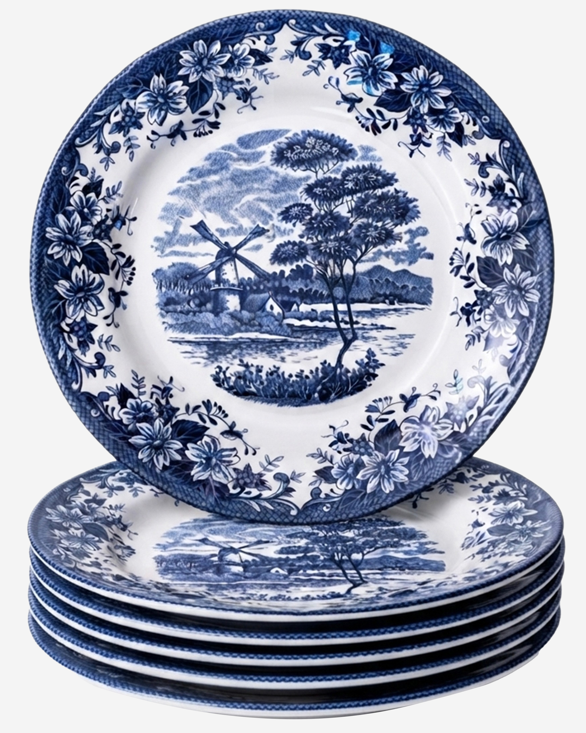 Claytan Classic Blue Windmill & Floral Pattern Earthenware Dinner Plate, 10.2 Inch, White, Set of 6