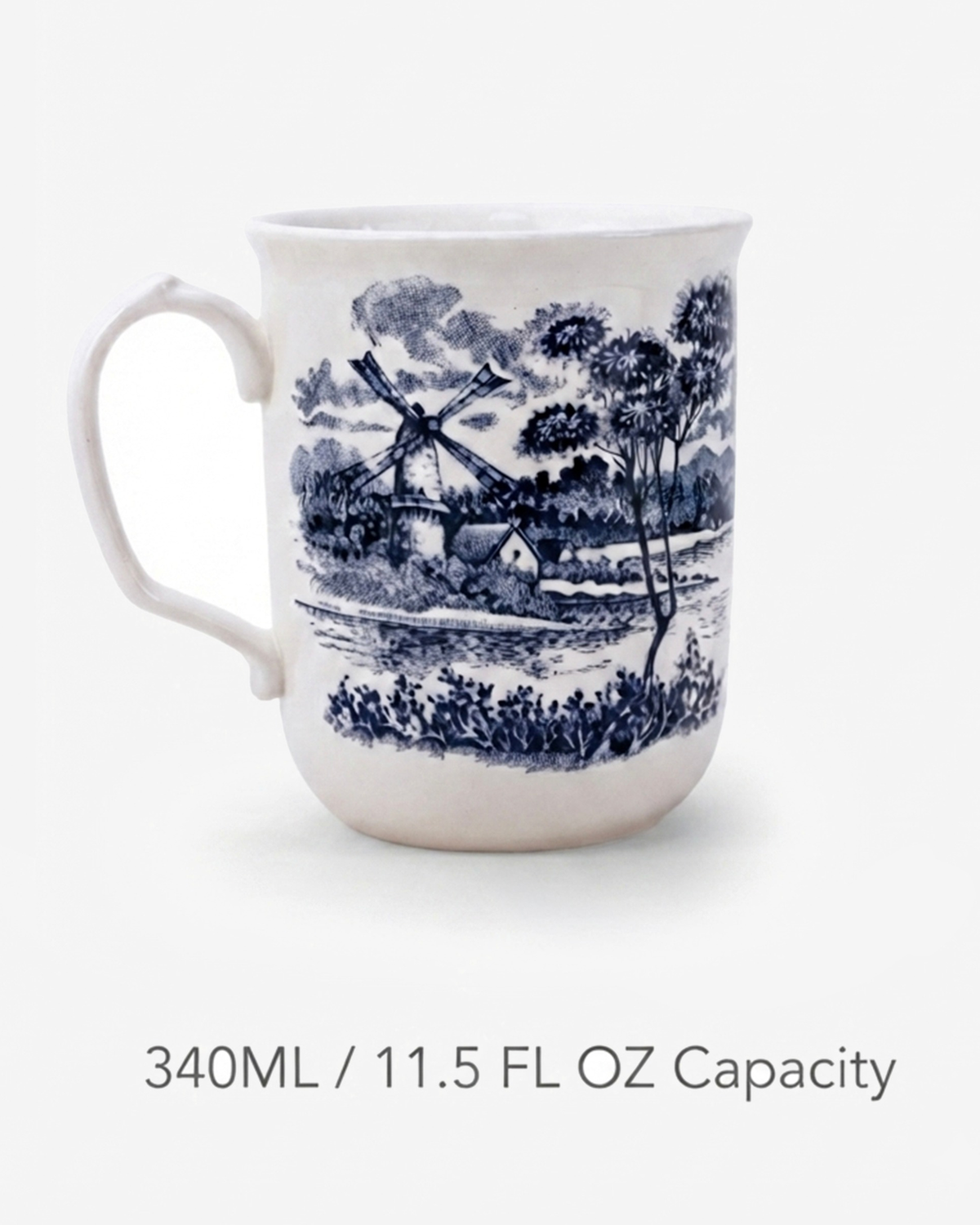 Claytan Classic Blue Windmill Pattern Earthenware Mug, 340ml, White