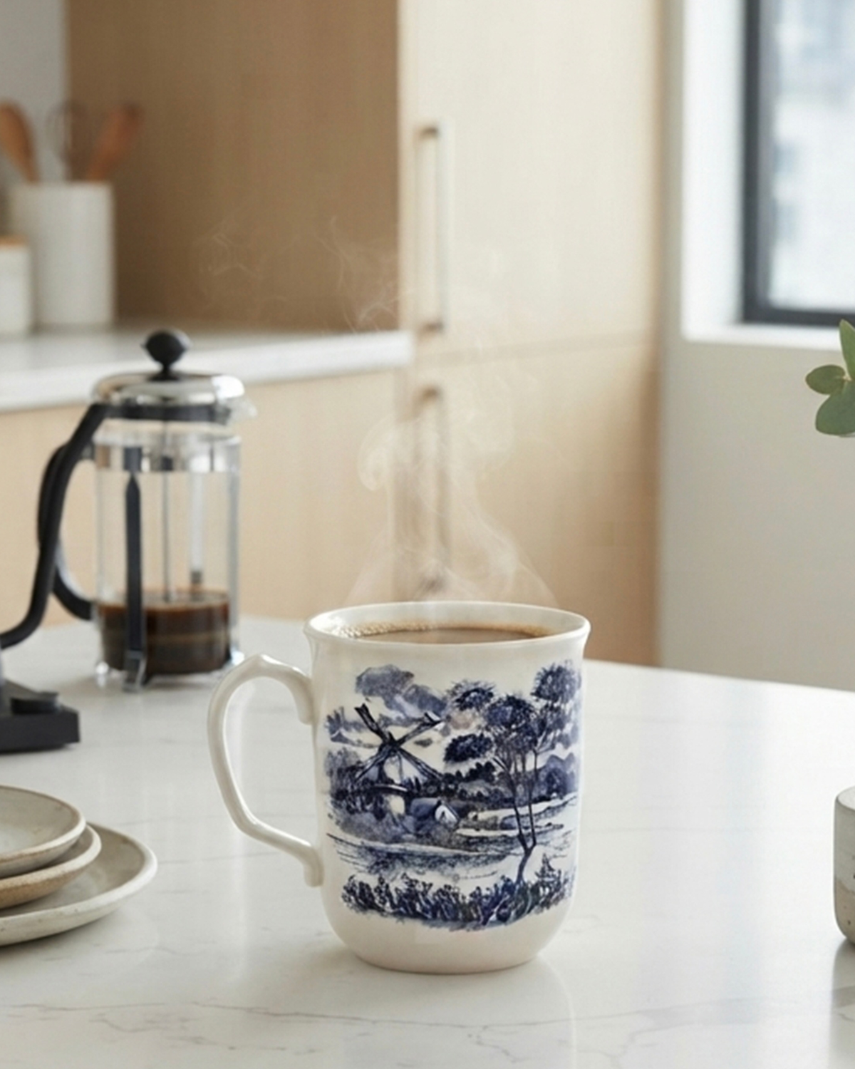 Claytan Classic Blue Windmill Pattern Earthenware Mug, 340ml, White