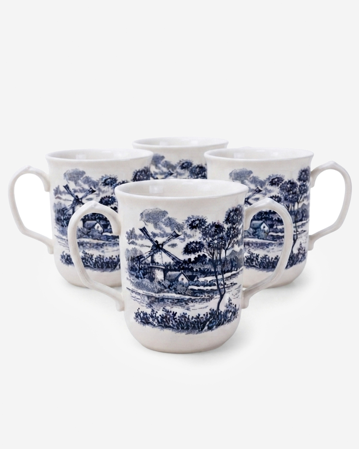 Claytan Classic Blue Windmill Pattern Earthenware Mug, 340ml, White, Set of 4