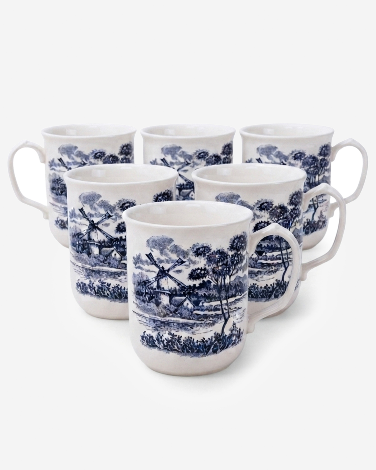 Claytan Classic Blue Windmill Pattern Earthenware Mug, 340ml, White, Set of 6