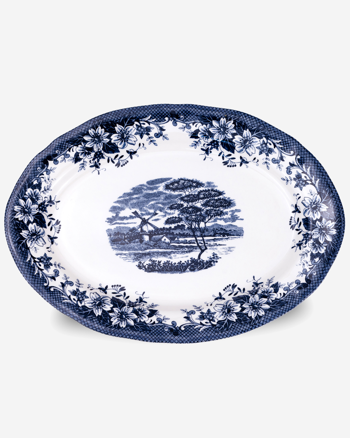 Claytan Classic Blue Windmill & Floral Pattern Earthenware Oval Platter, 14 Inch, White
