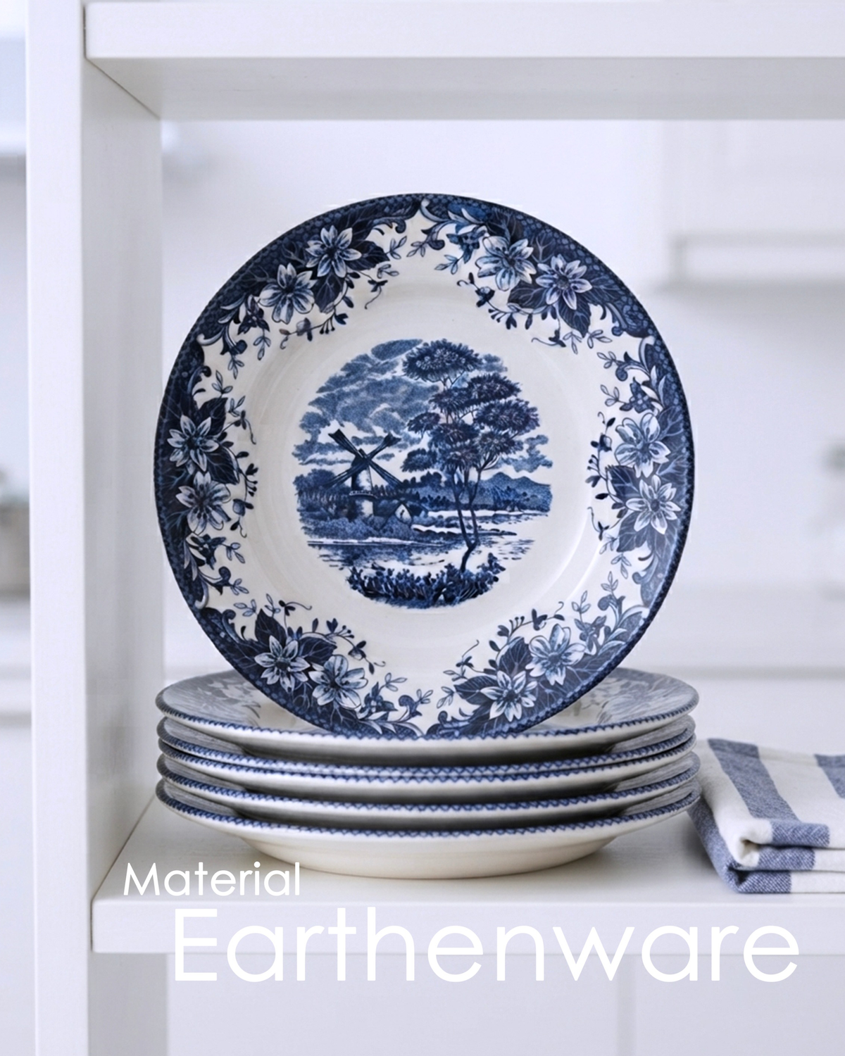 Claytan Classic Blue Windmill & Floral Pattern Earthenware Salad Plate, 8.1 Inch, White