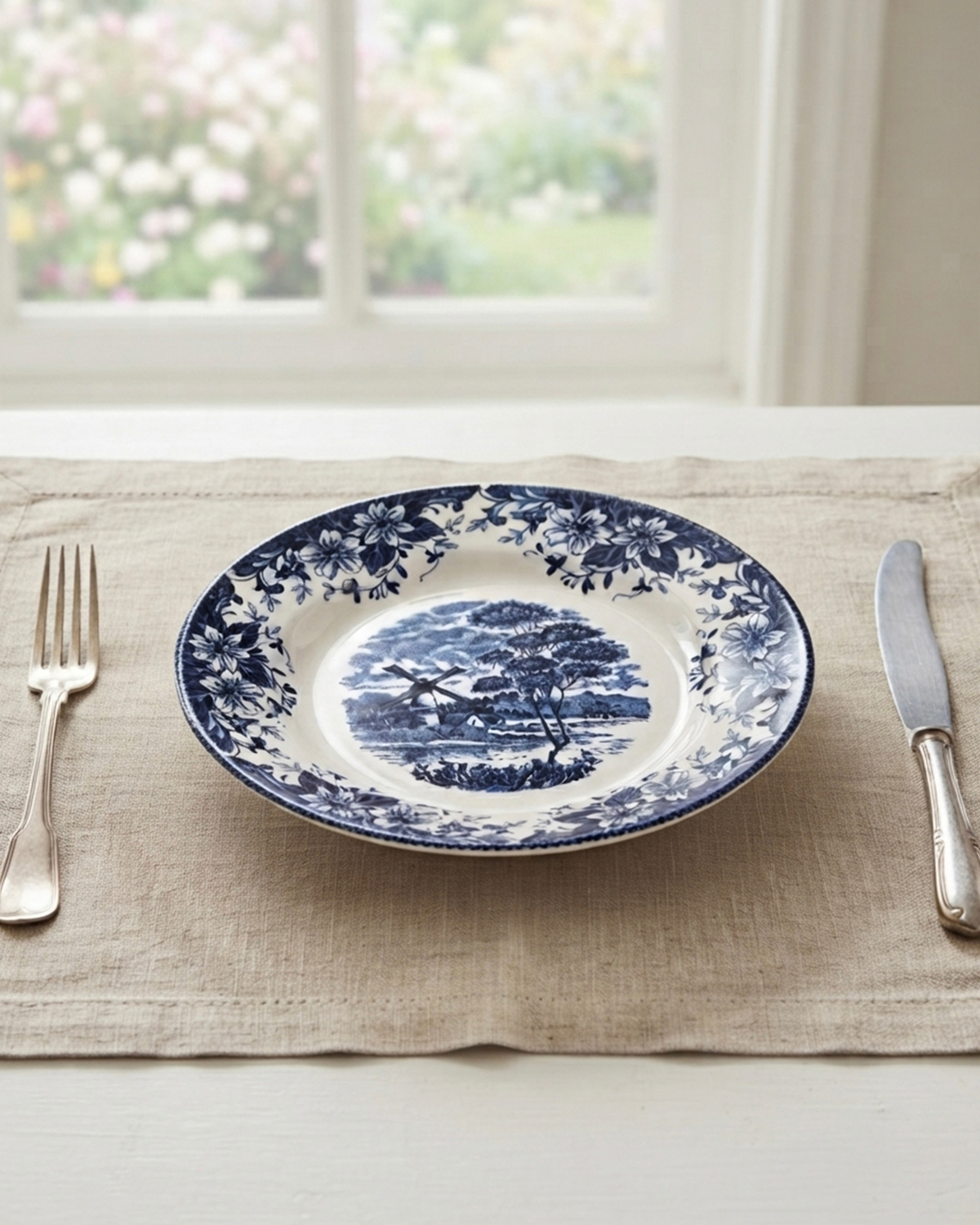 Claytan Classic Blue Windmill & Floral Pattern Earthenware Salad Plate, 8.1 Inch, White