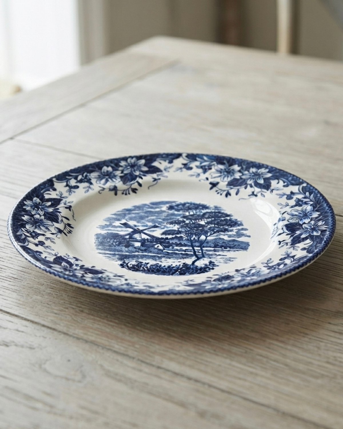 Claytan Classic Blue Windmill & Floral Pattern Earthenware Salad Plate, 8.1 Inch, White