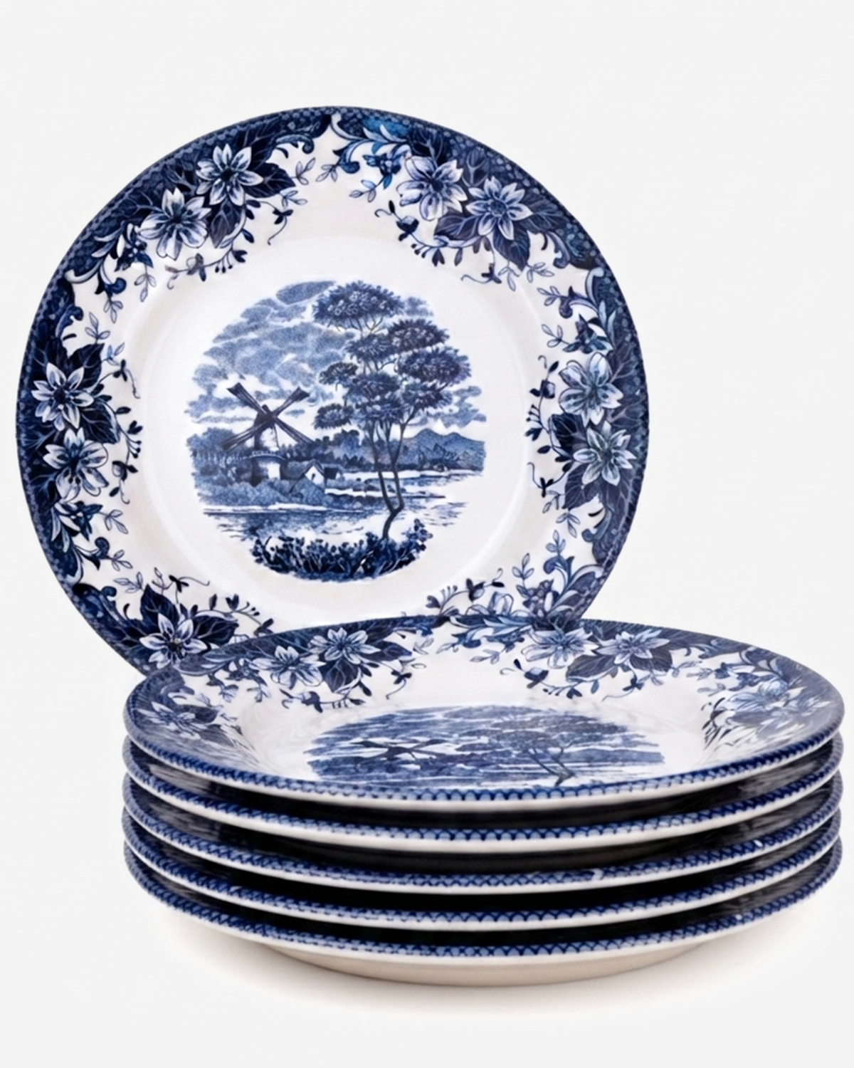 Claytan Classic Blue Windmill & Floral Pattern Earthenware Salad Plate, 8.1 Inch, White, Set of 6